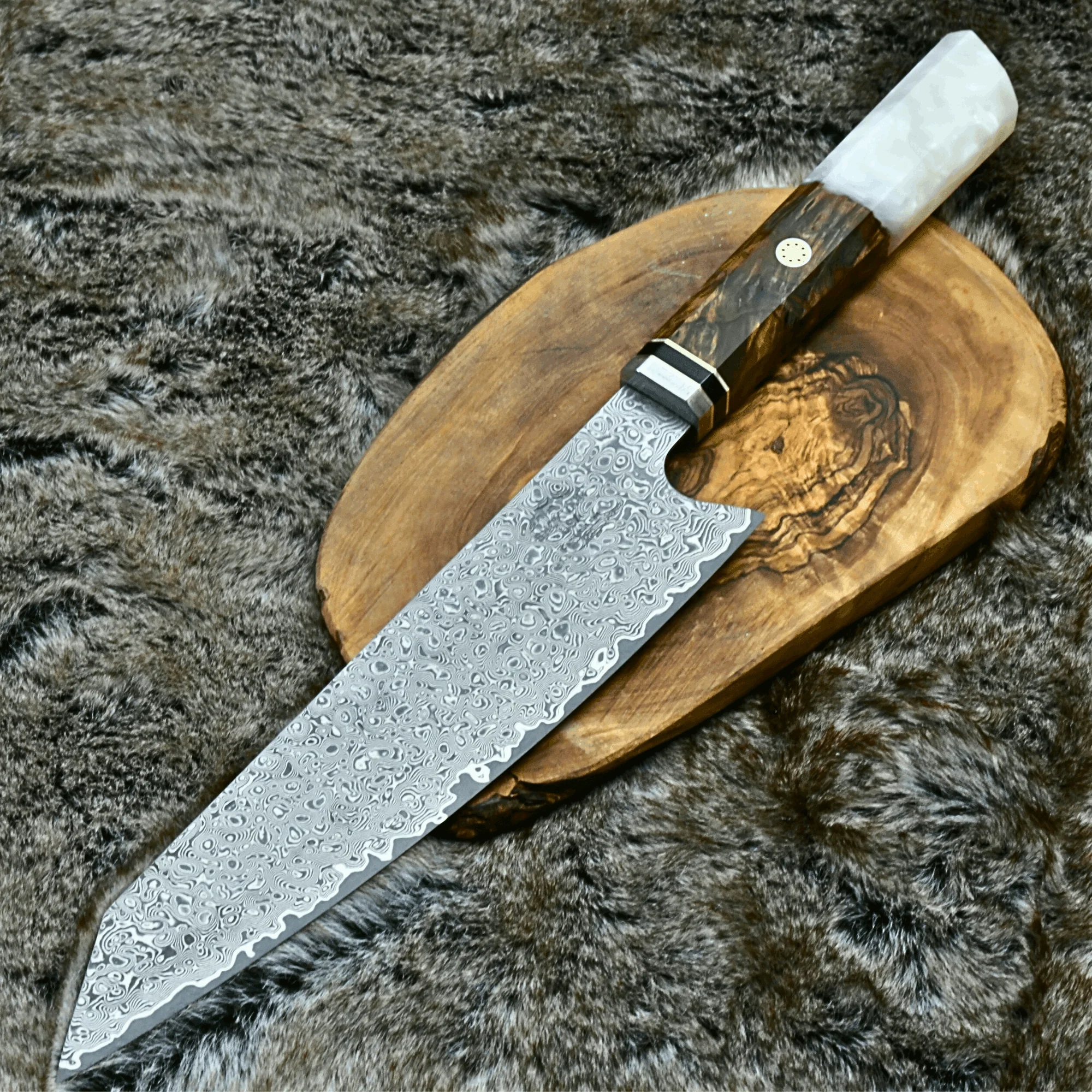 Aurora Japanese Chef Knife with Exotic Olive Burl Wood & Mother of Pearl Handle - Image 2