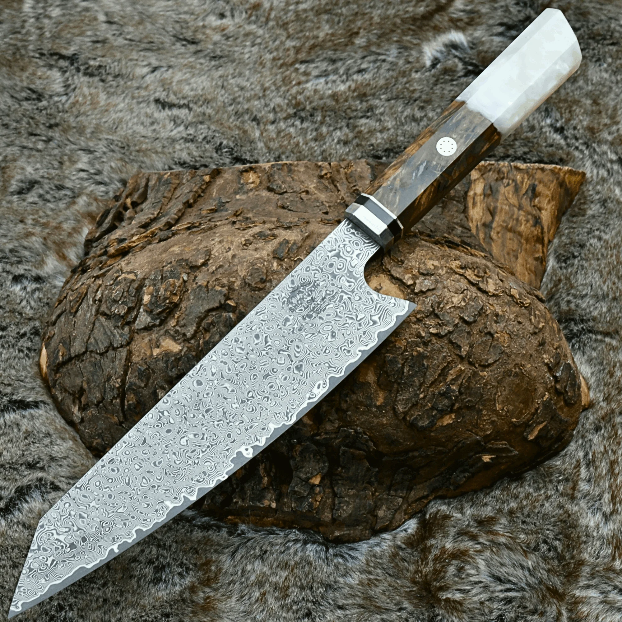 Aurora Japanese Chef Knife with Exotic Olive Burl Wood & Mother of Pearl Handle - Image 3
