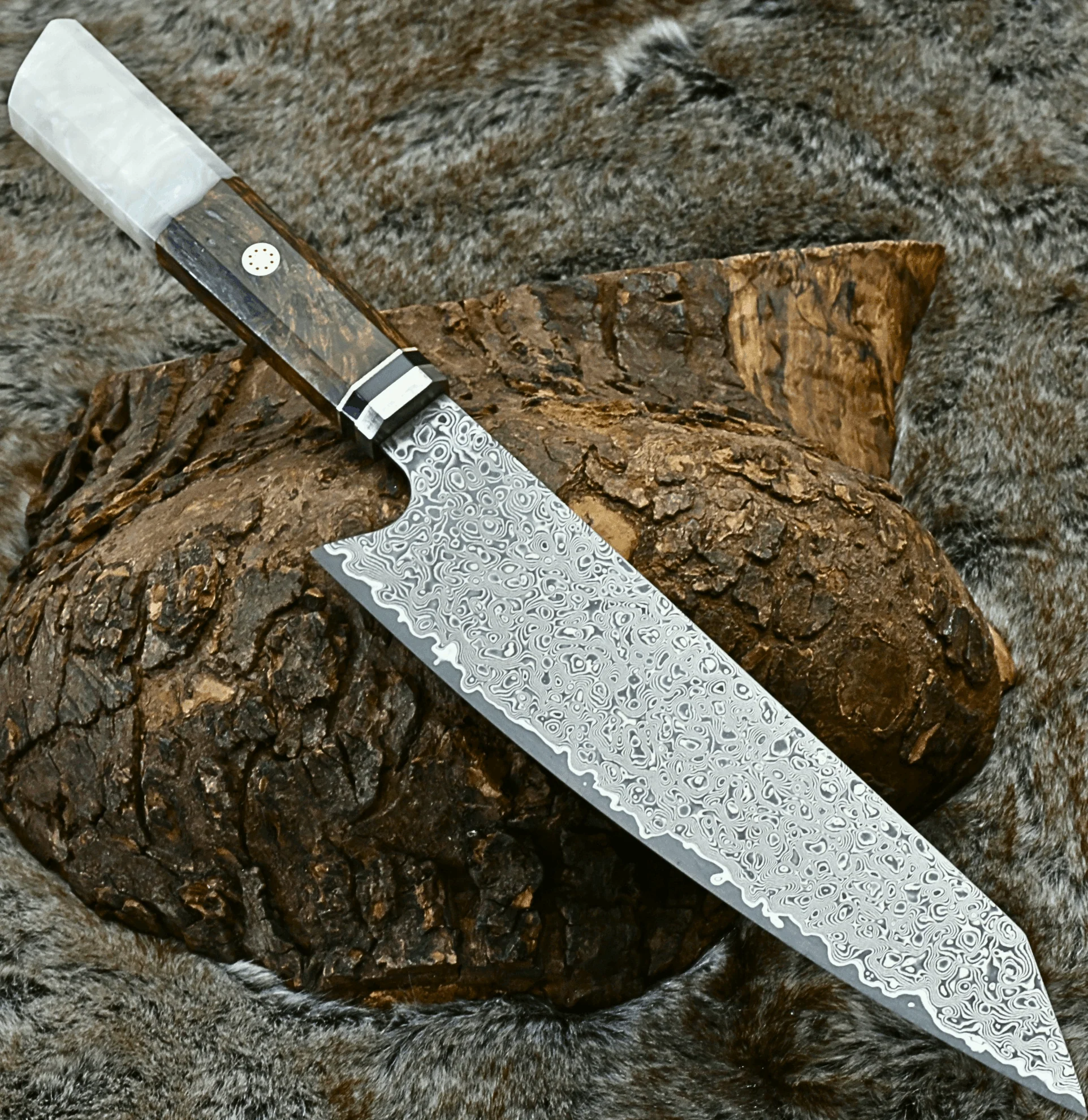 Aurora Japanese Chef Knife with Exotic Olive Burl Wood & Mother of Pearl Handle - Image 5