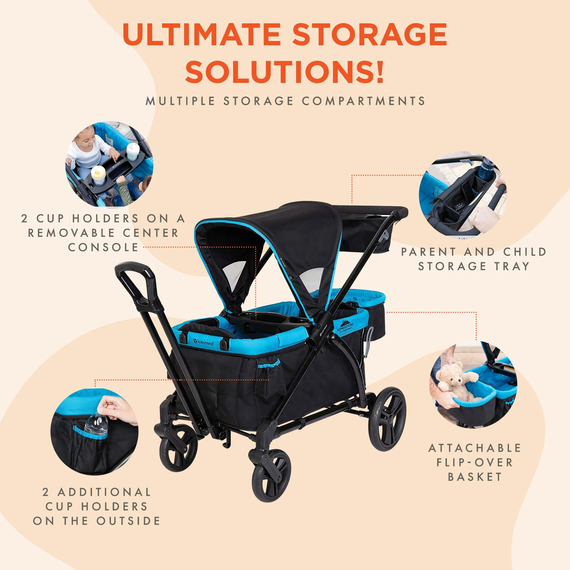 Baby Trend Expedition 2 in 1 Push or Pull Stroller Wagon Plus w/ Canopy, Blue - Image 5