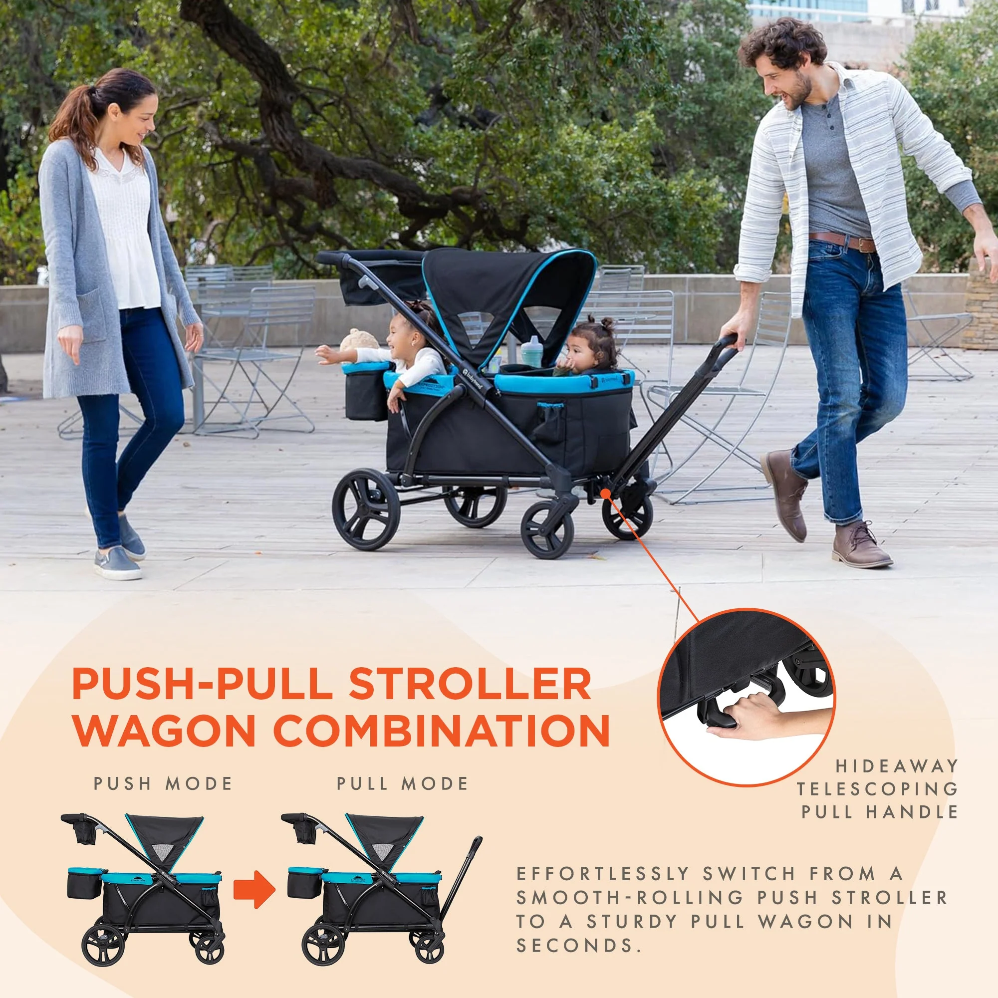 Baby Trend Expedition 2 in 1 Push or Pull Stroller Wagon Plus w/ Canopy, Blue - Image 6