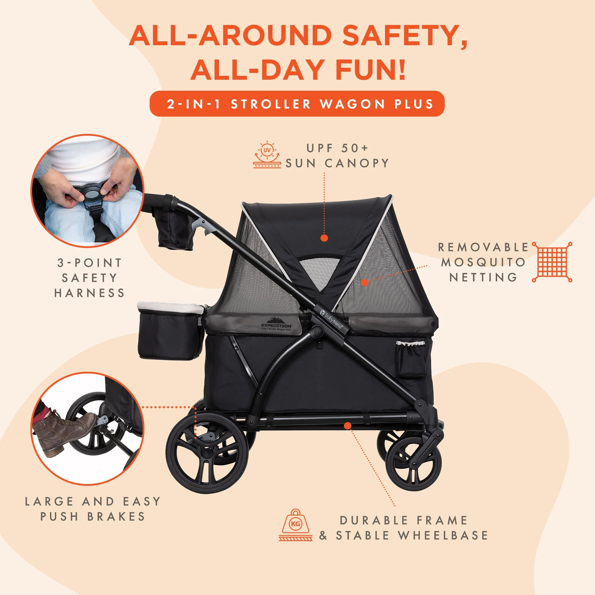 Baby Trend Expedition 2-in-1 Stroller Wagon PLUS w/Canopy & Basket, Modern Khaki - Image 4