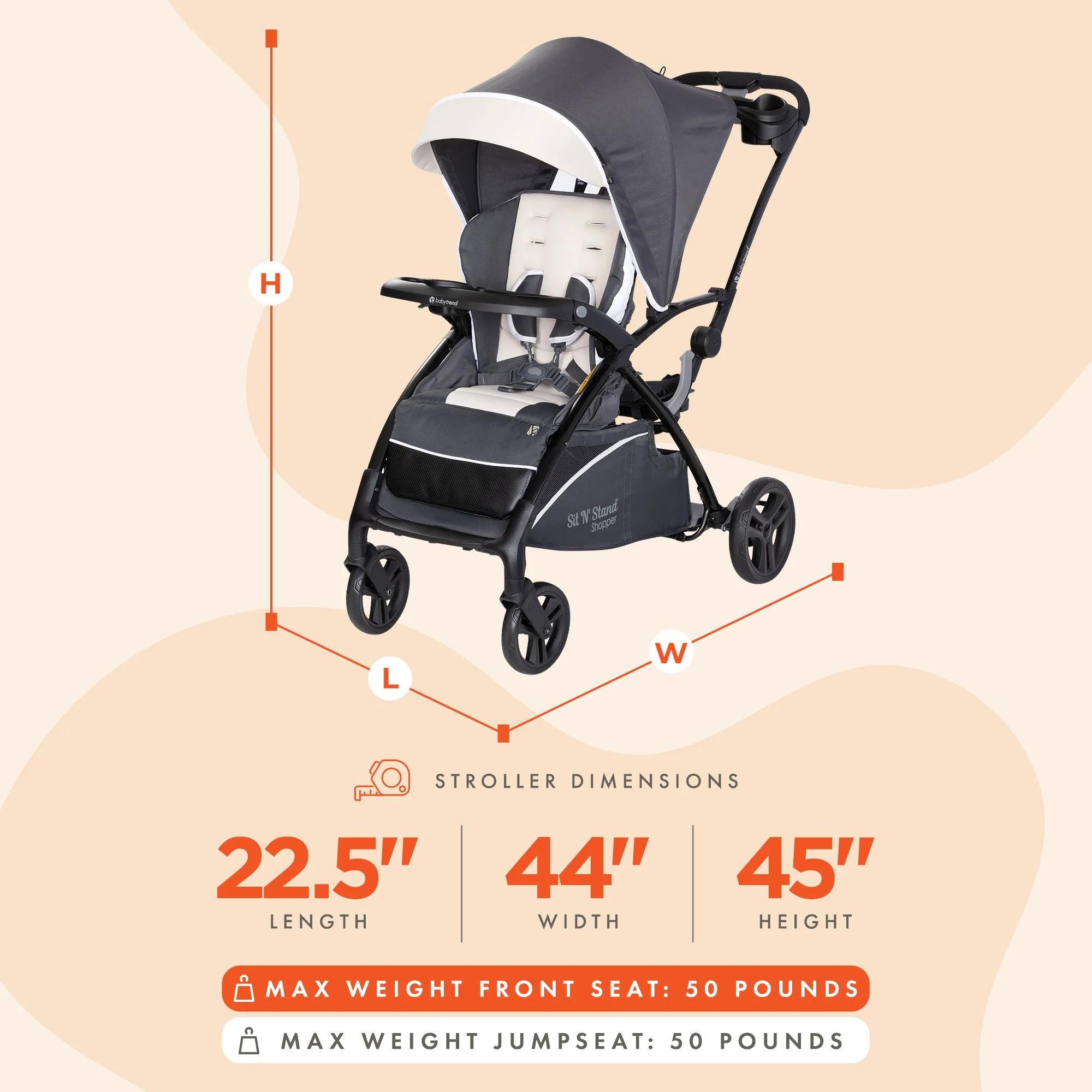 Baby Trend Sit N' Stand 5 in 1 Shopper Stroller with Canopy and Basket, Magnolia - Image 2