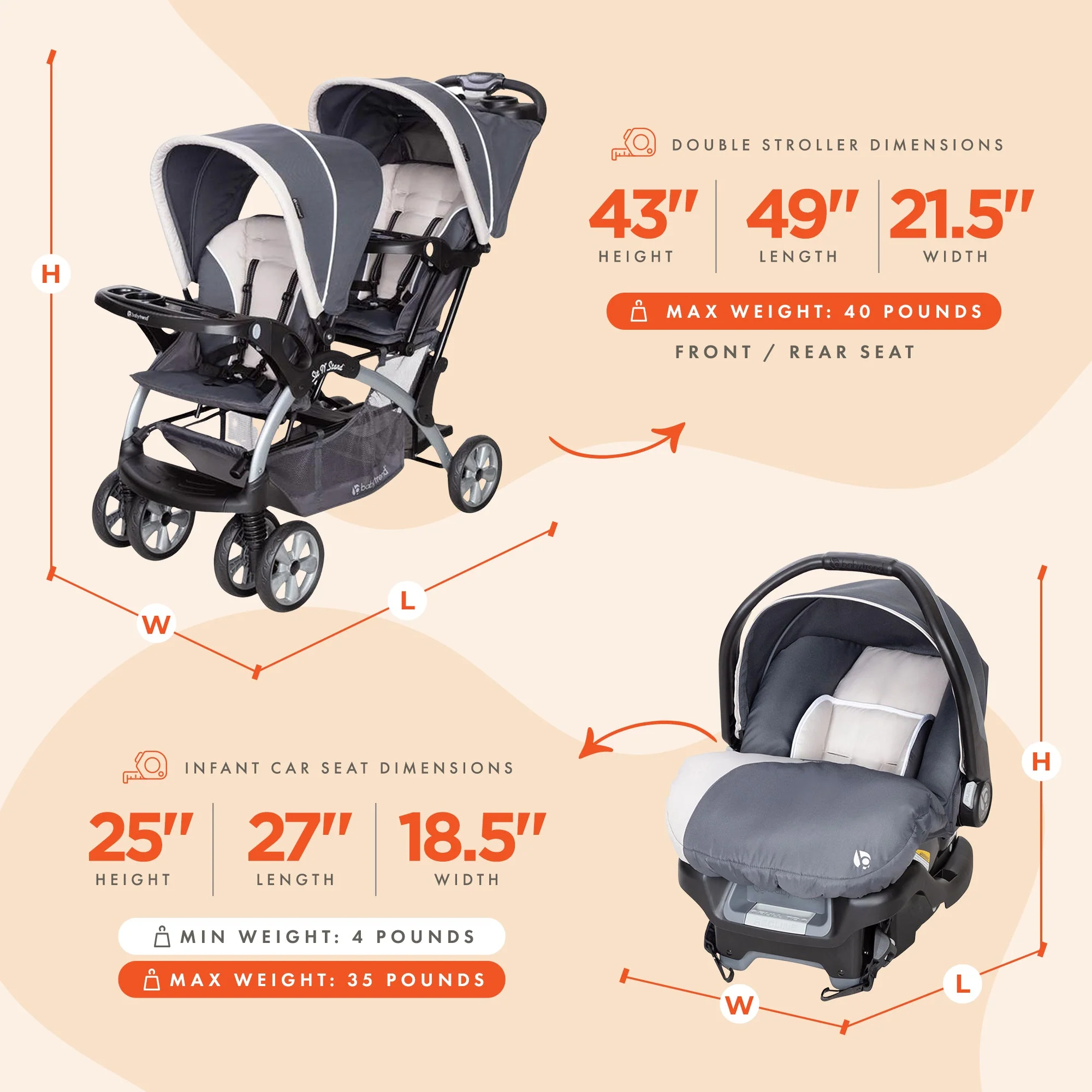 Baby Trend Sit N Stand Baby Double Stroller & 2 Infant Car Seat Combo, Magnolia - Image 3