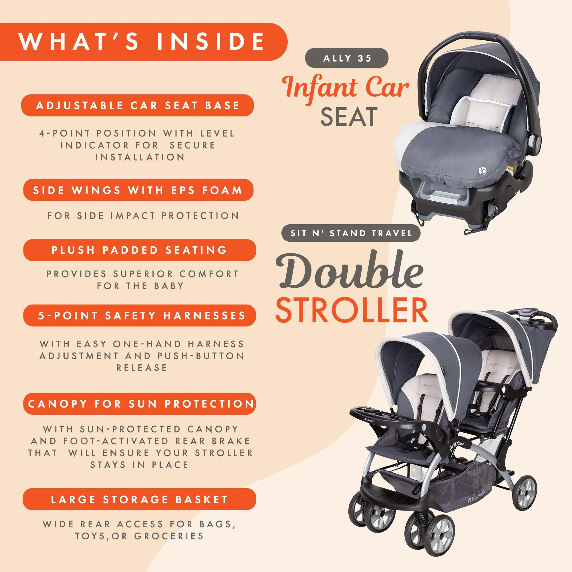Baby Trend Sit N Stand Baby Double Stroller & 2 Infant Car Seat Combo, Magnolia - Image 4