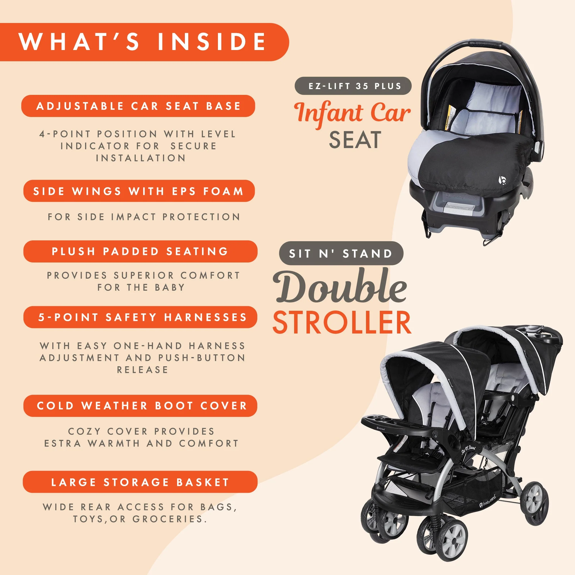 Baby Trend Sit N Stand Baby Double Stroller and 2 Infant Car Seat Combo, Stormy - Image 4