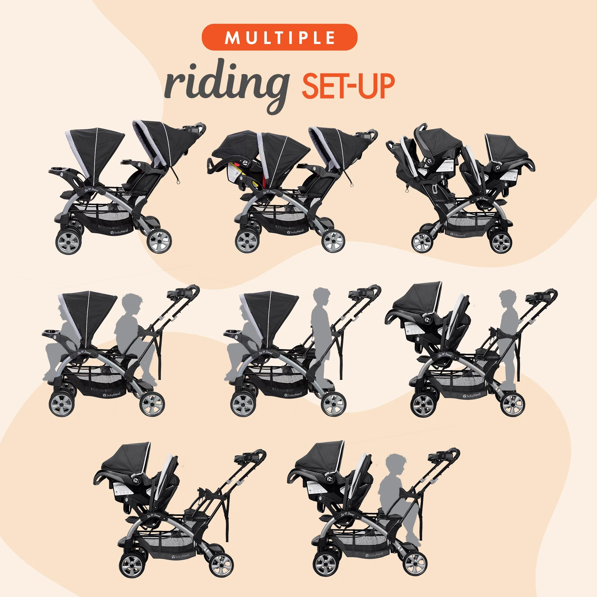 Baby Trend Sit N Stand Baby Double Stroller and 2 Infant Car Seat Combo, Stormy - Image 6
