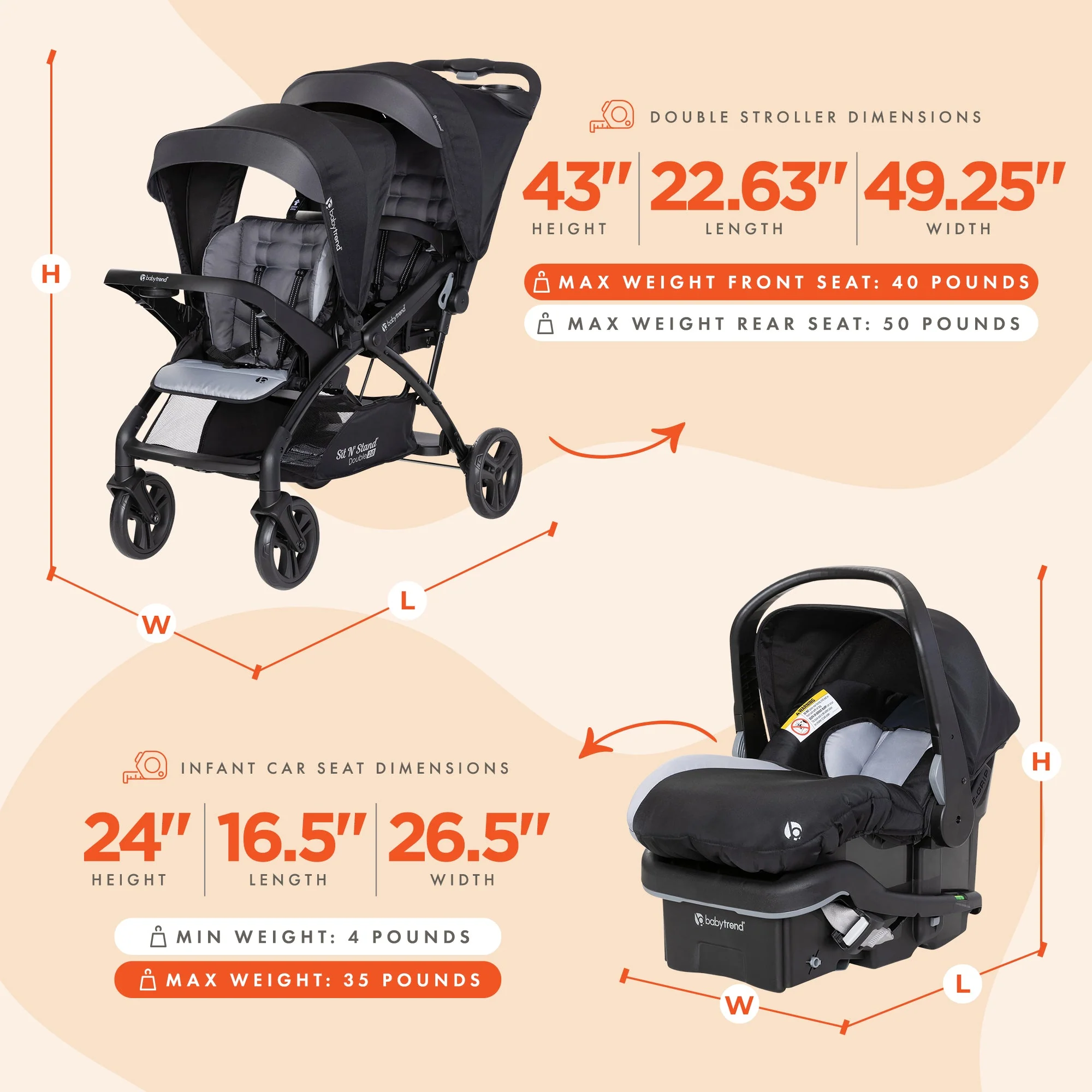 Baby Trend Sit N Stand Double Stroller with EZ-Lift Plus Infant Car Seat, Stormy - Image 2