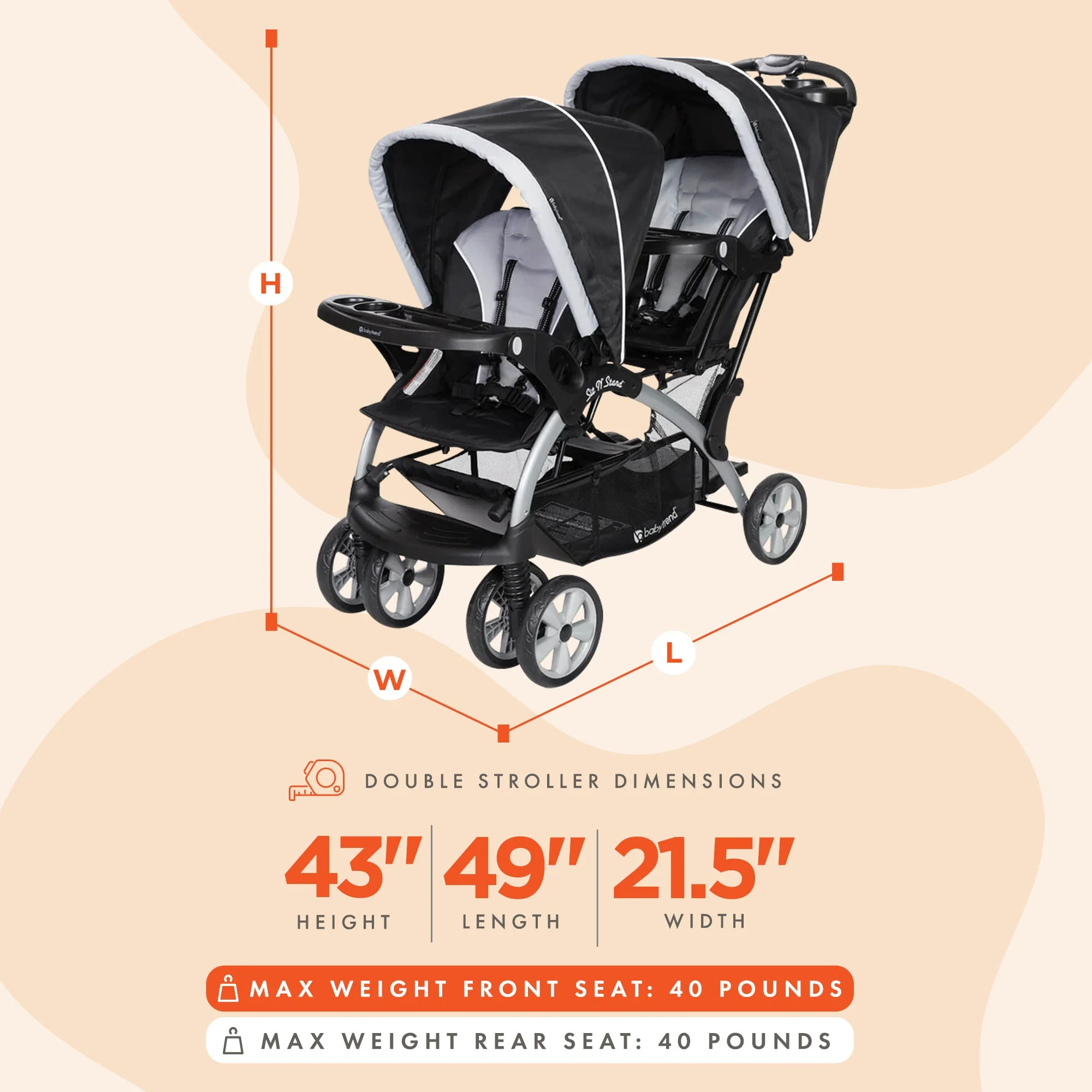 Baby Trend Sit N' Stand Easy Fold Travel Toddler & Baby Double Stroller, Stormy - Image 2