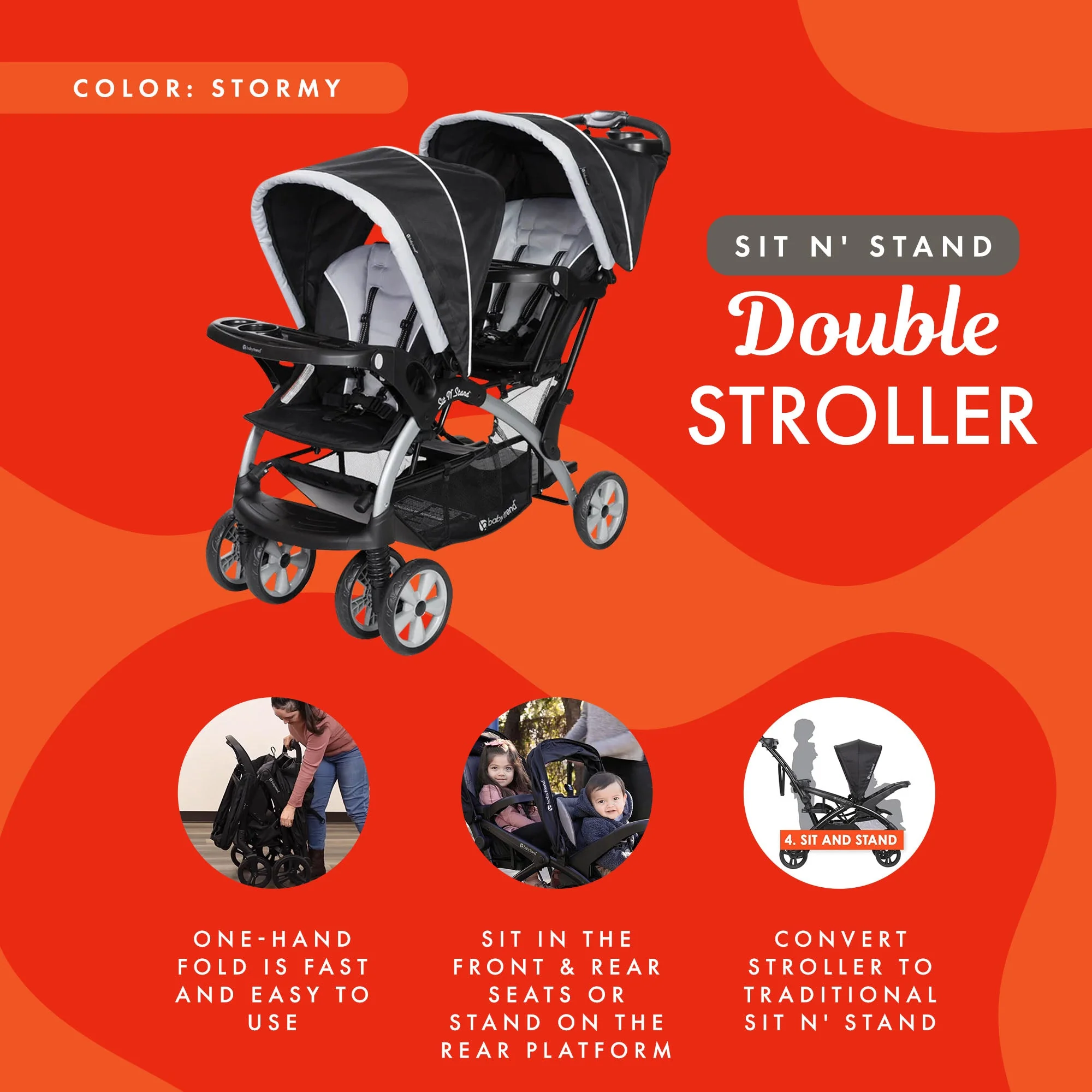 Baby Trend Sit N' Stand Easy Fold Travel Toddler & Baby Double Stroller, Stormy - Image 3
