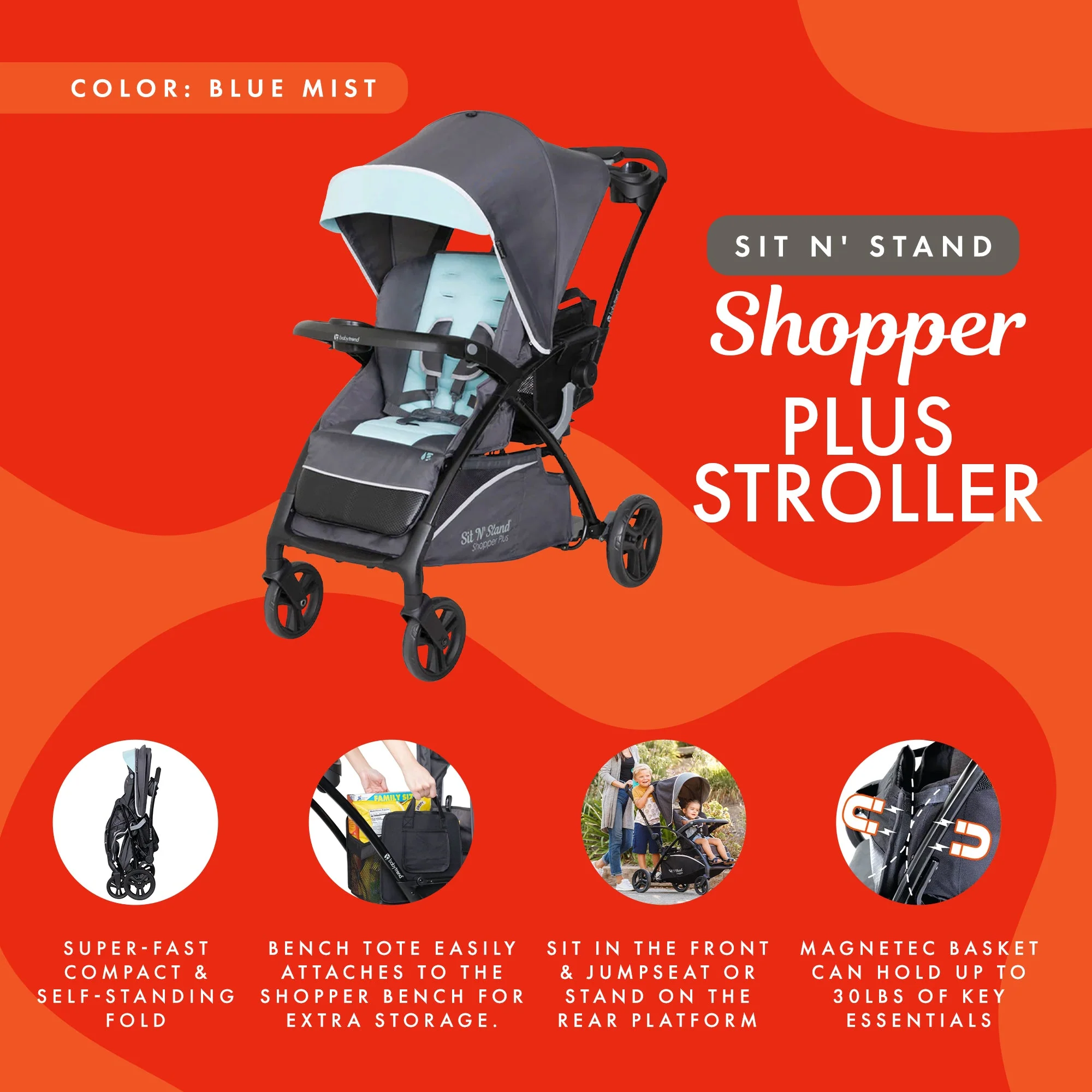 Baby Trend Sit N’ Stand Lightweight 5-in-1 Shopper Plus Stroller, Blue Mist - Image 2