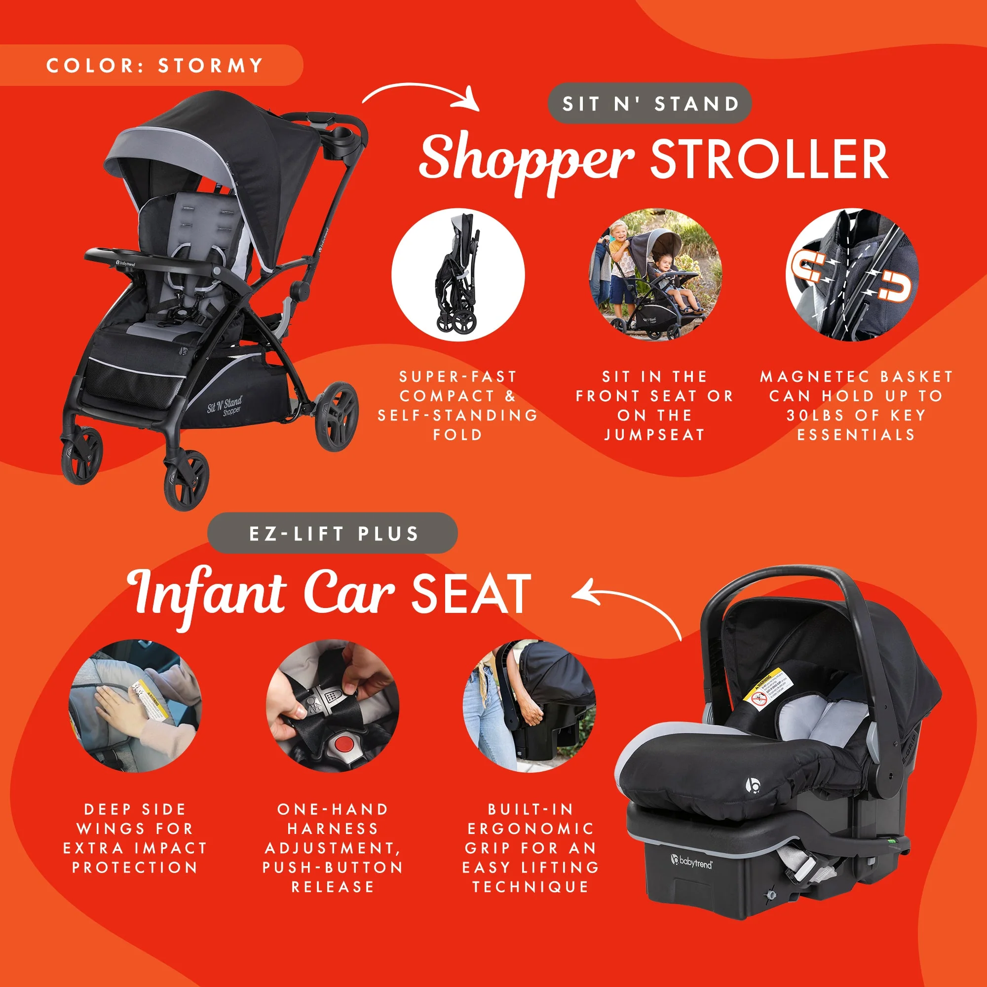 Baby Trend Sit N' Stand Stroller w/Canopy & EZ-Lift Plus Infant Car Seat, Stormy - Image 3