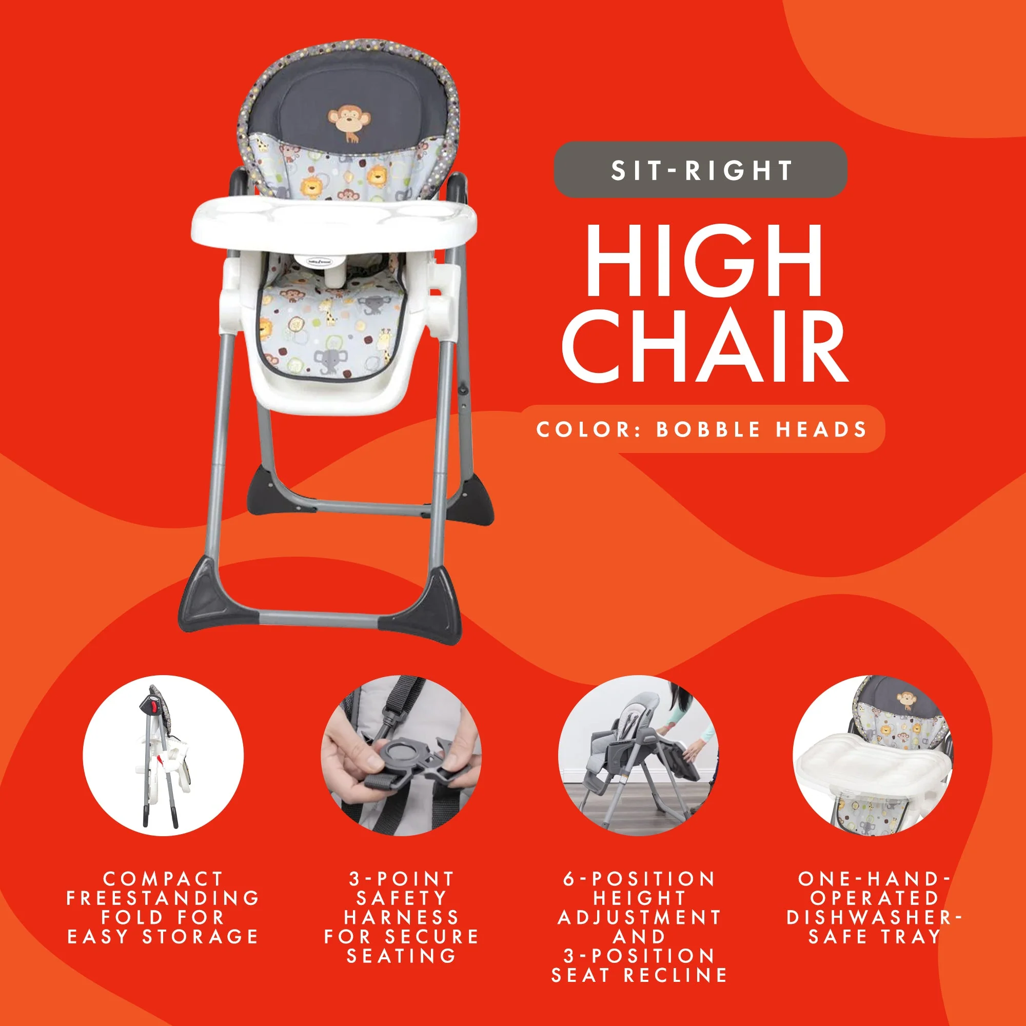 Baby Trend Sit-Right Compact Freestanding Foldable High Chair, Bobble Heads - Image 3