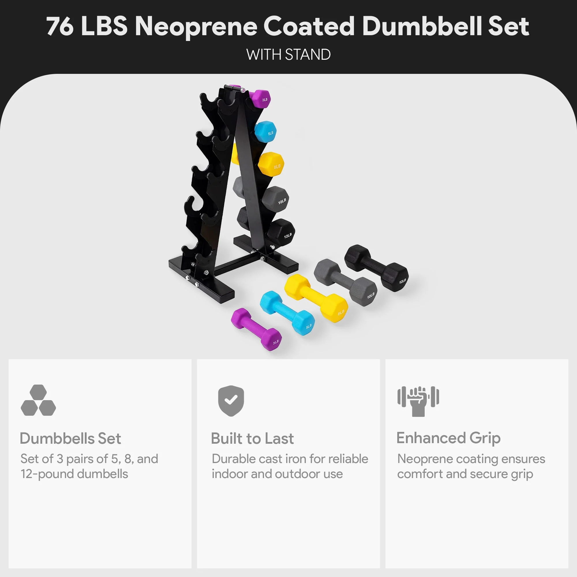 BalanceFrom Fitness 3, 5, 8, 10 & 12 Pound Neoprene Dumbbell Weight Set w/ Stand - Image 3