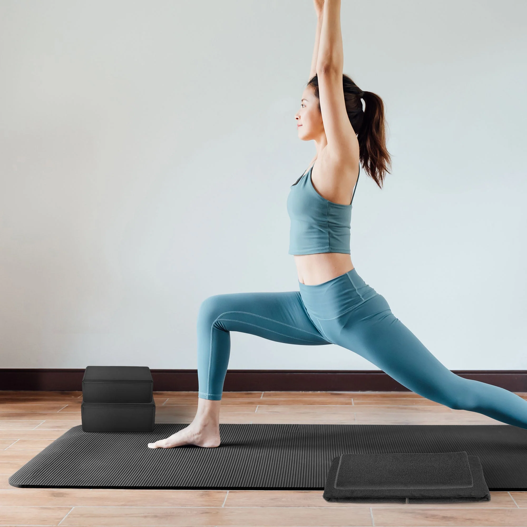 BalanceFrom Fitness 7 Piece Yoga Set with Mat, Stretch Strap, & Knee Pad, Black - Image 5