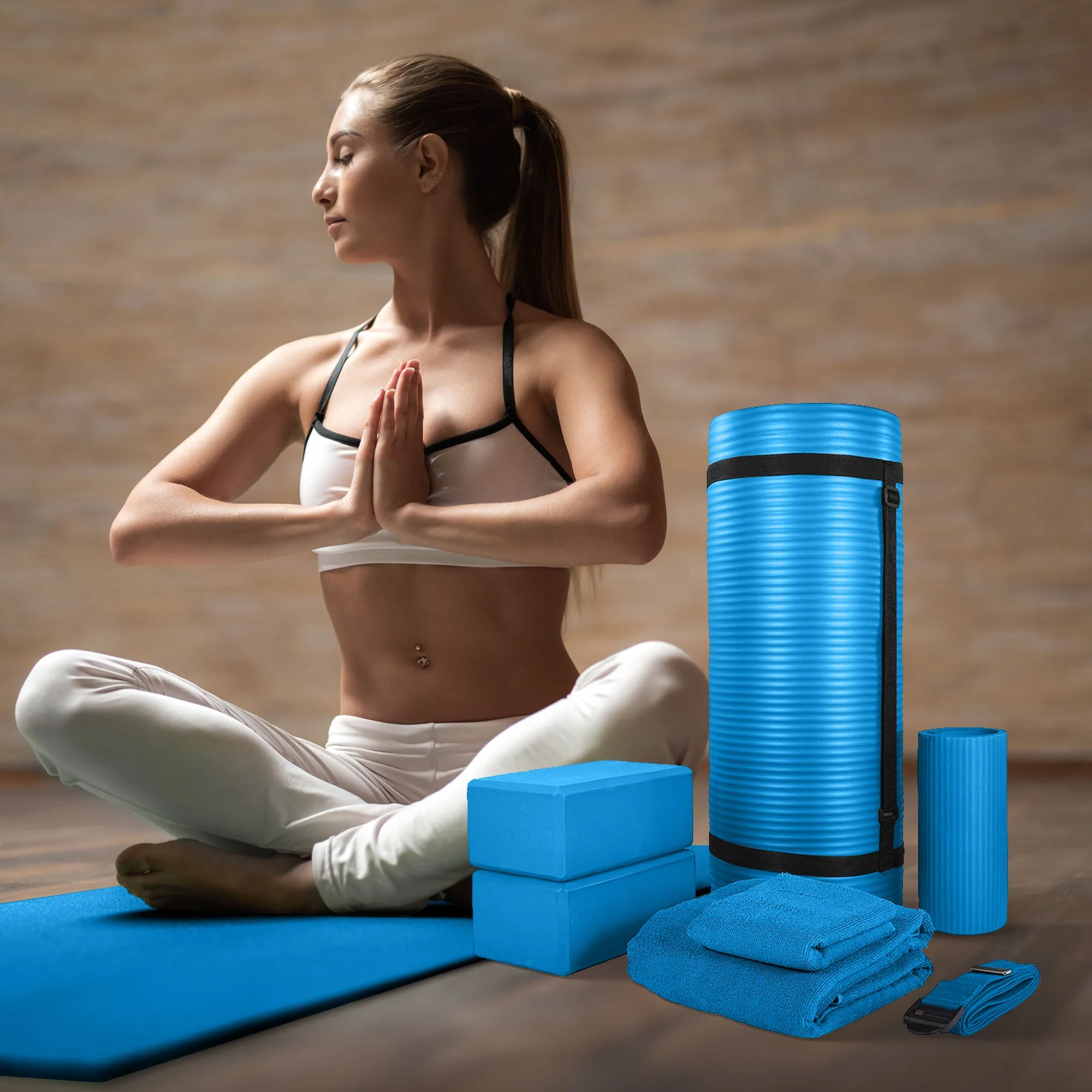 BalanceFrom Fitness 7 Piece Yoga Set with Mat, Stretch Strap, & Knee Pad, Blue - Image 5