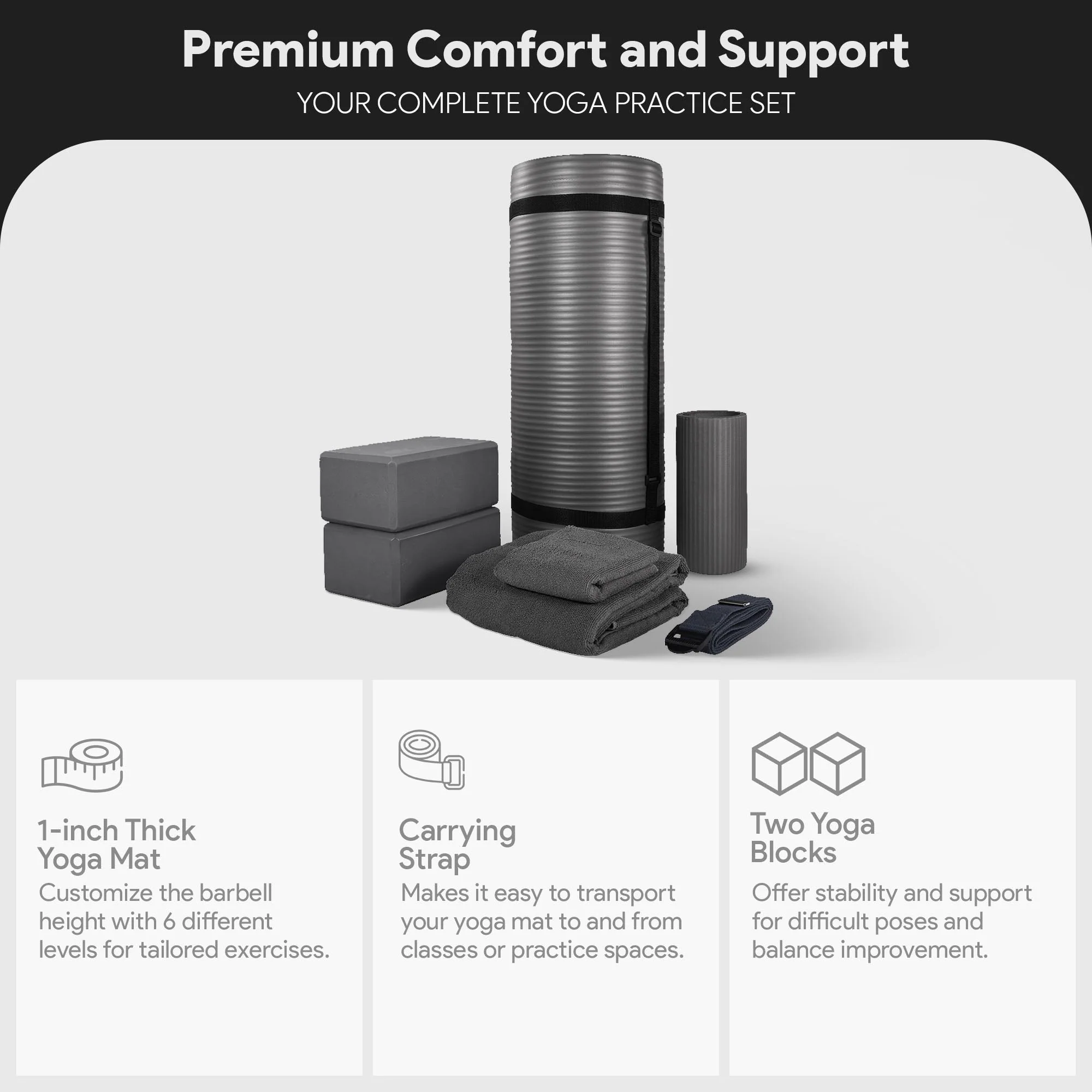 BalanceFrom Fitness 7 Piece Yoga Set with Mat, Stretch Strap, & Knee Pad, Gray - Image 2