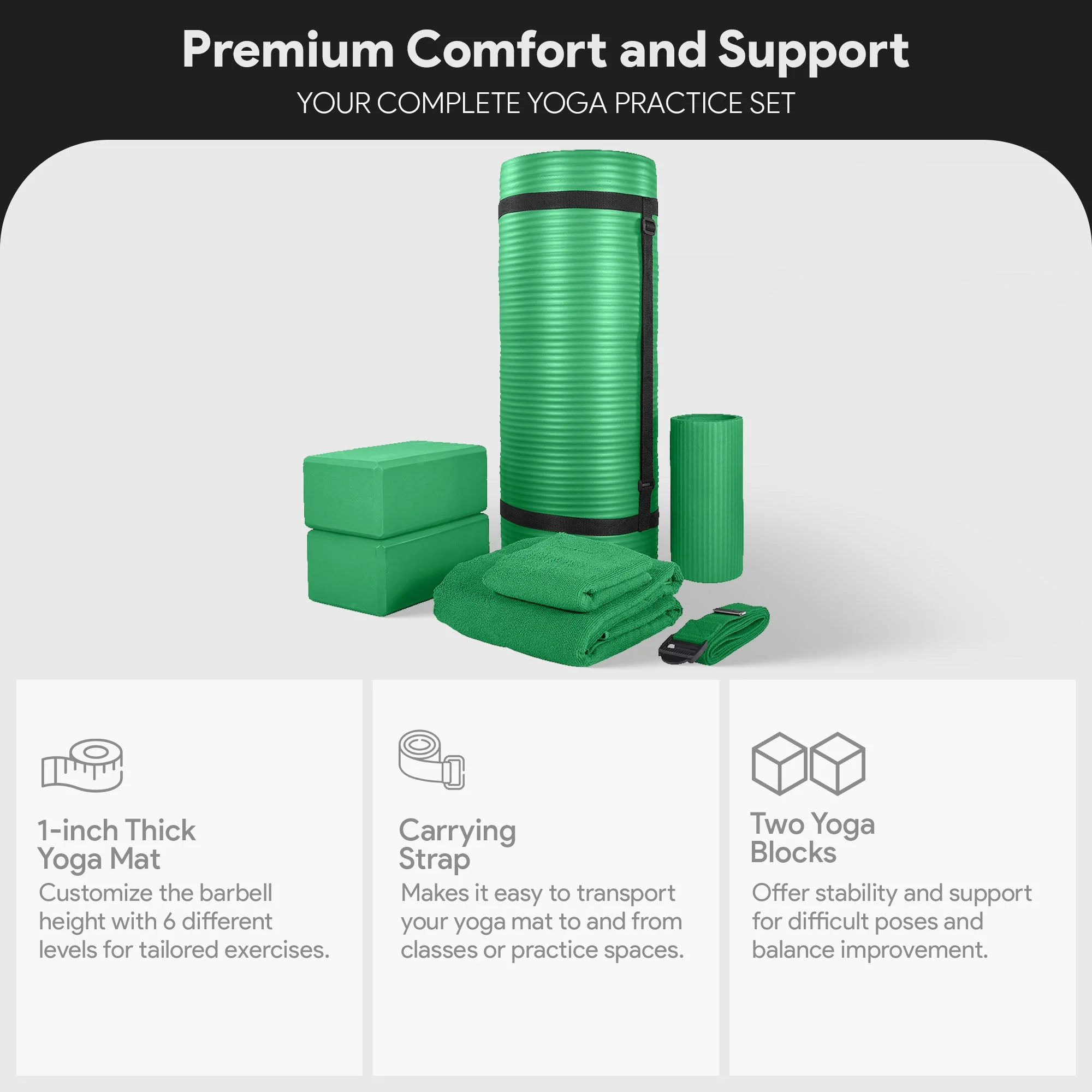 BalanceFrom Fitness 7 Piece Yoga Set with Mat, Stretch Strap, & Knee Pad, Green - Image 2