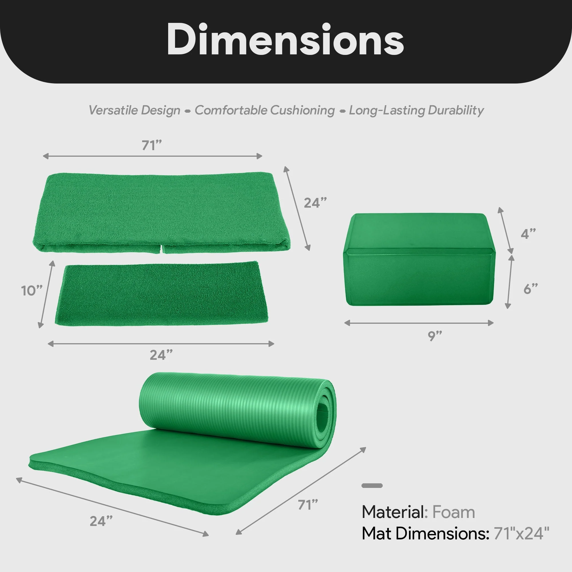 BalanceFrom Fitness 7 Piece Yoga Set with Mat, Stretch Strap, & Knee Pad, Green - Image 4