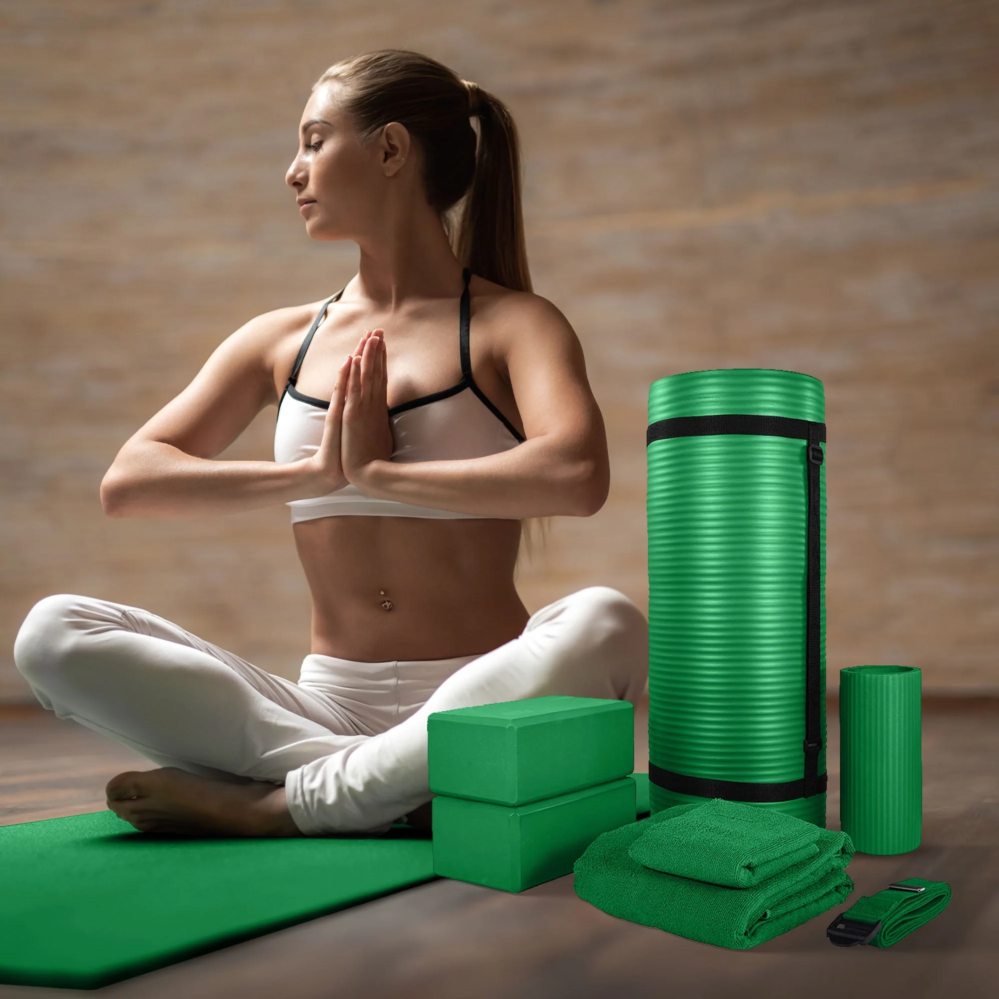 BalanceFrom Fitness 7 Piece Yoga Set with Mat, Stretch Strap, & Knee Pad, Green - Image 5