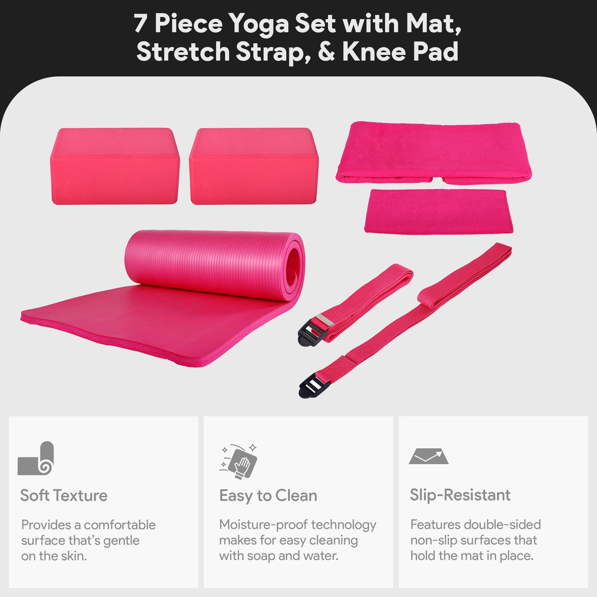 BalanceFrom Fitness 7 Piece Yoga Set with Mat, Stretch Strap, & Knee Pad, Pink - Image 4