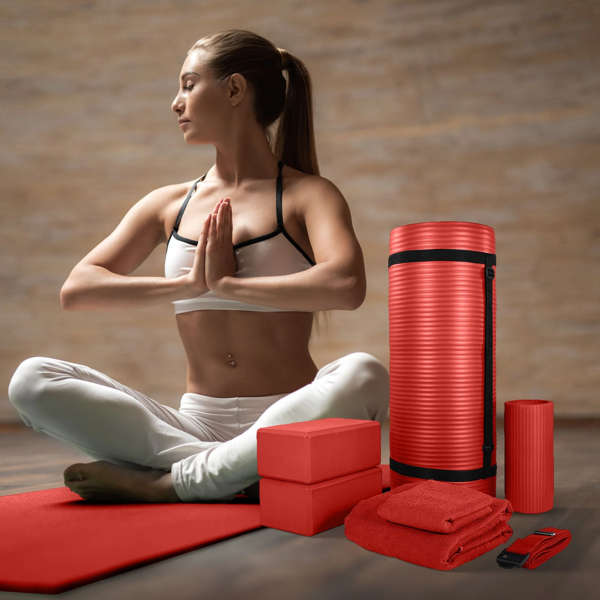 BalanceFrom Fitness 7 Piece Yoga Set with Mat, Stretch Strap, & Knee Pad, Red - Image 5