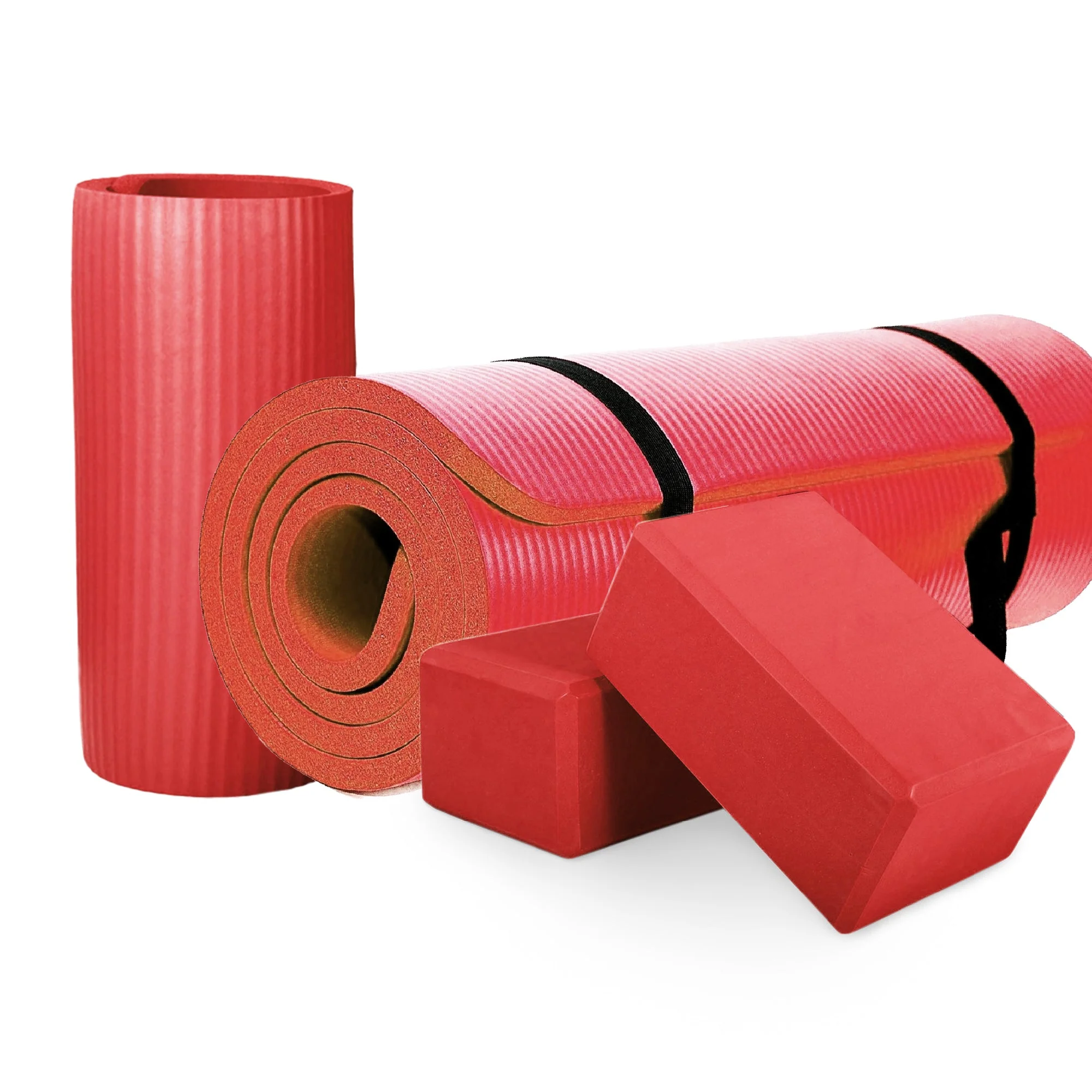 BalanceFrom Fitness 71"x24" Anti Tear Yoga Mat w/Strap, Knee Pad & Blocks, Red - Image 7