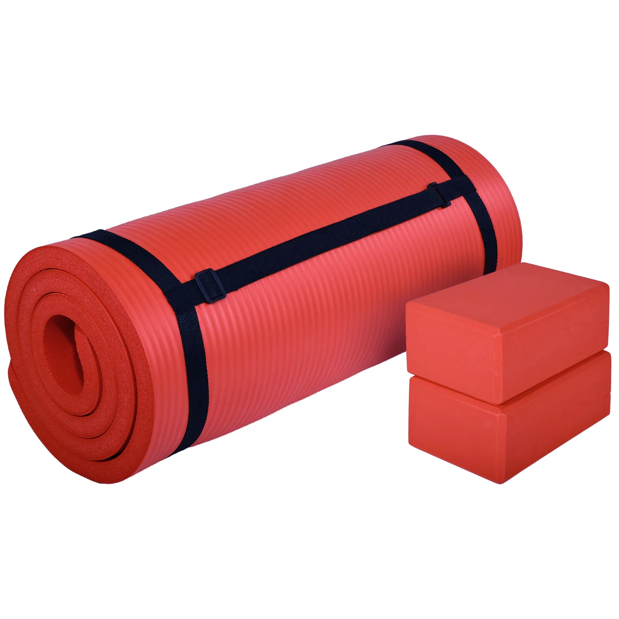BalanceFrom Fitness 71"x24" Anti Tear Yoga Mat w/Strap, Knee Pad & Blocks, Red - Image 9