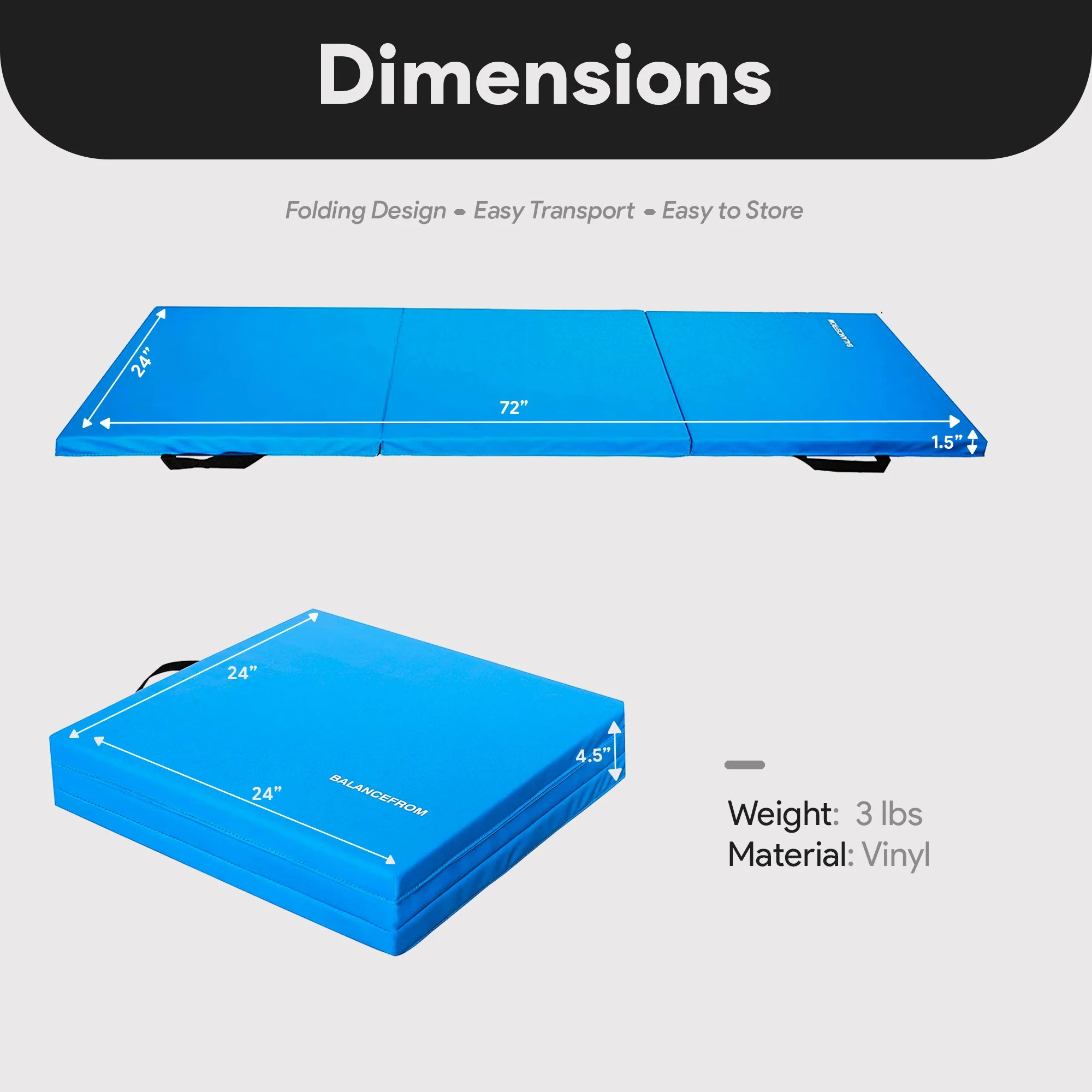 BalanceFrom Fitness GoGym 6' x 2' x 1.5" Folding 3 Panel Exercise Gym Mat, Blue - Image 4