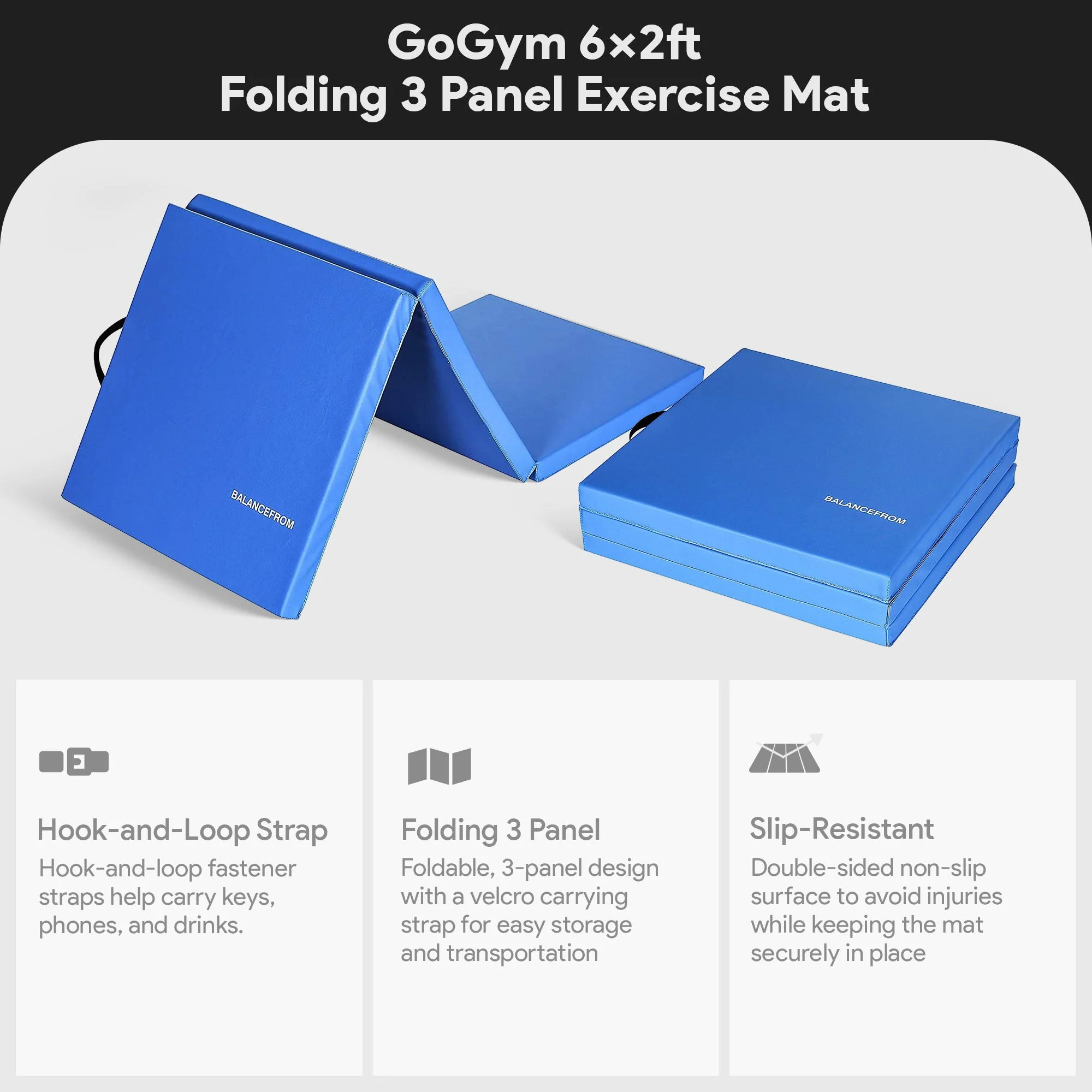 BalanceFrom Fitness GoGym 6x2ft Folding Exercise Mat with Handles, Blue (2 Pack) - Image 4