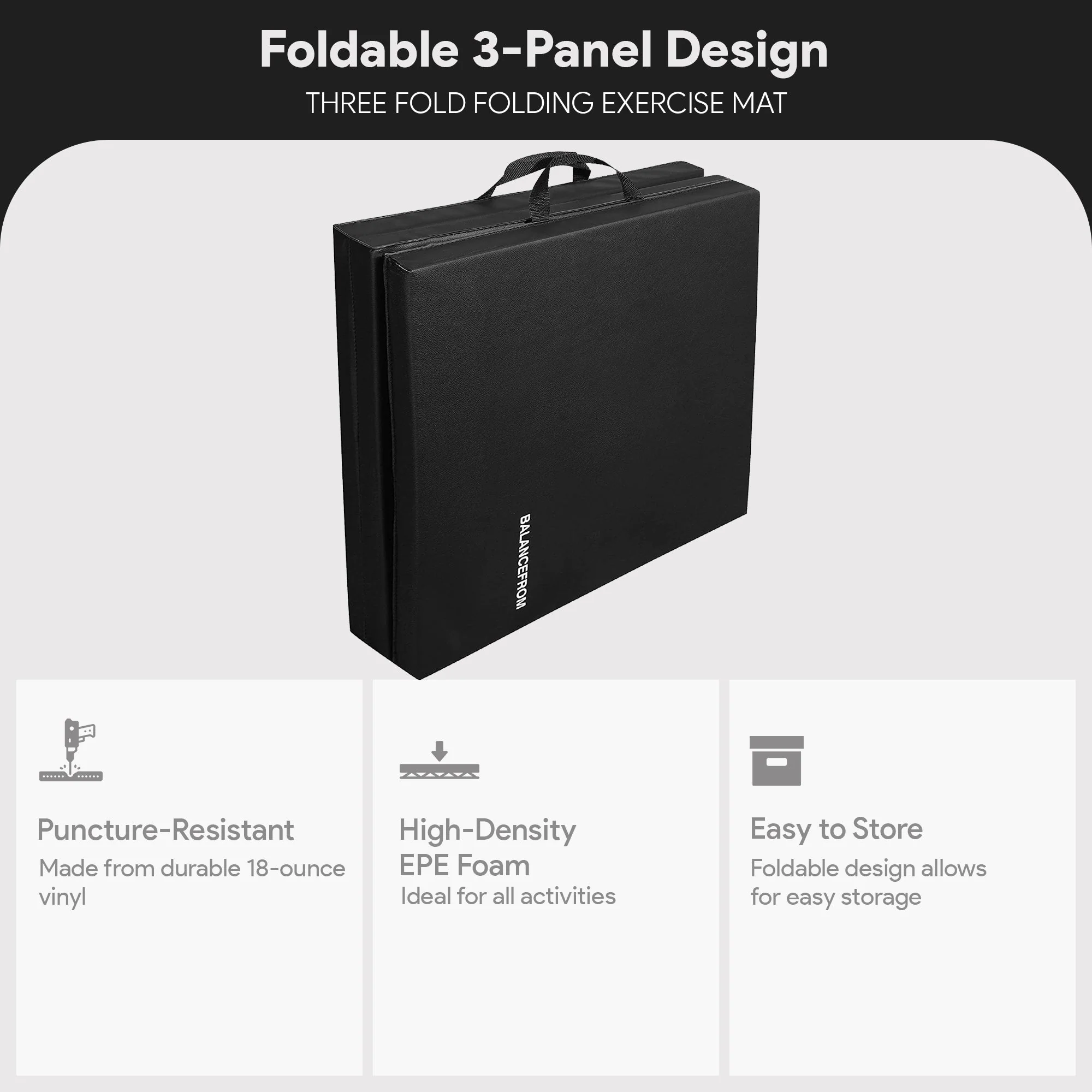 BalanceFrom Fitness GoGym 6'x2'x1.5" Folding 3 Panel Exercise Gym Mat, Black - Image 2