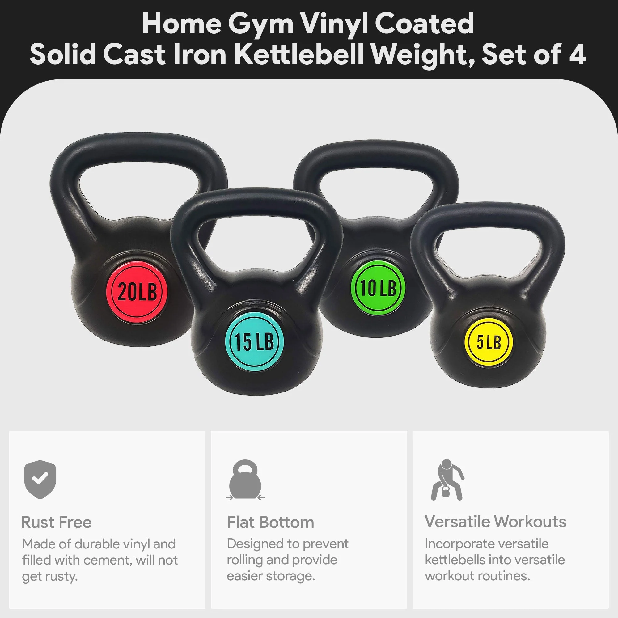 BalanceFrom Fitness Home Gym Vinyl Coated Solid Cast Iron Kettlebell Weight Set - Image 4