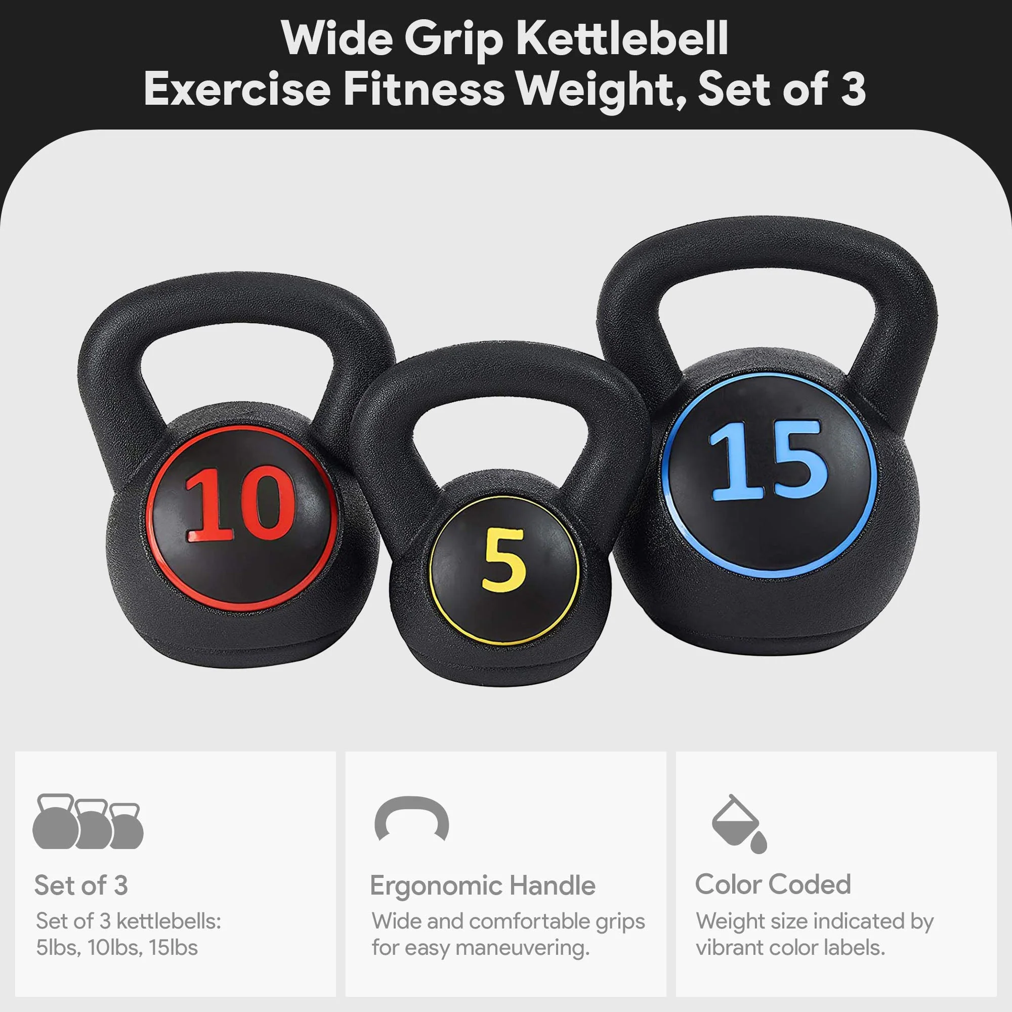 BalanceFrom Wide Grip Kettlebell Fitness Exercise Weights, 5, 10, and 15 Pounds - Image 2