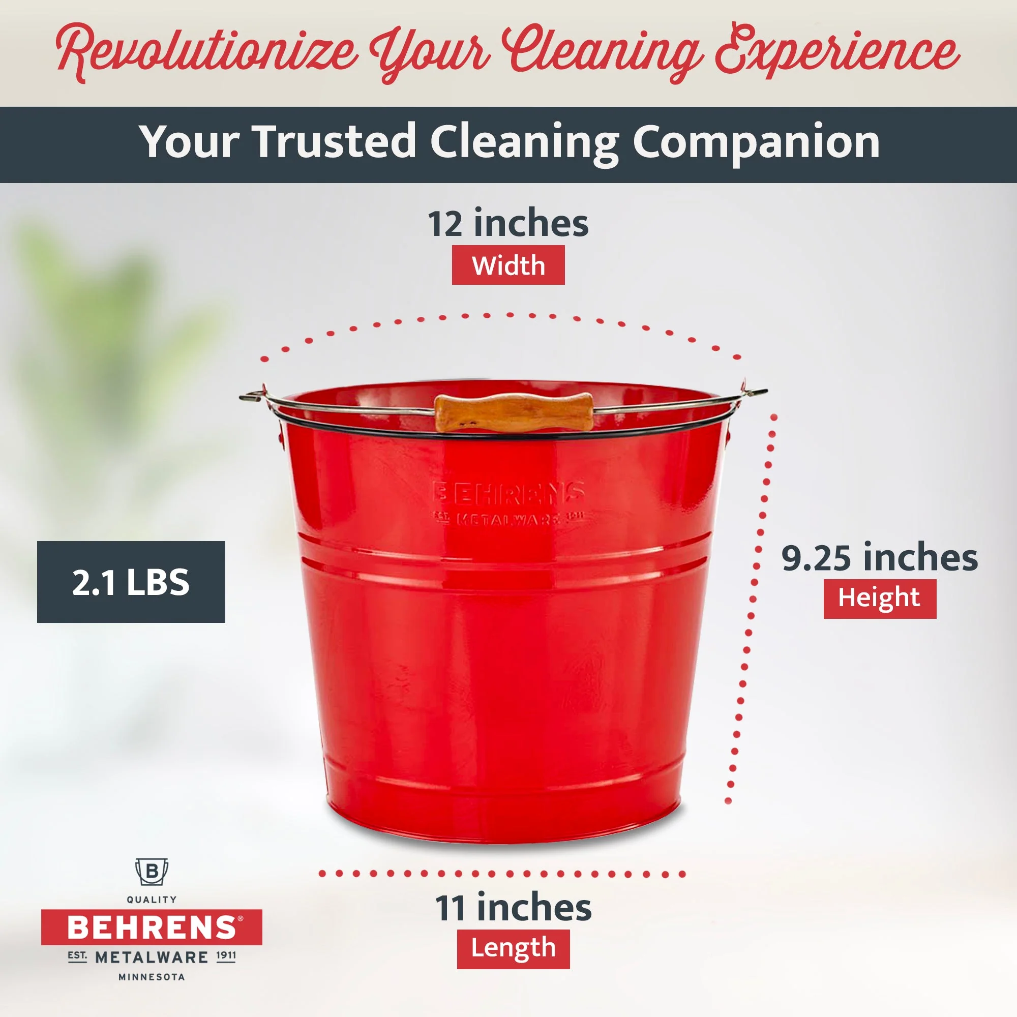Behrens 2.75 Gallon Round Galvanized Steel Cleaning Pail with Wood Handle, Red - Image 3