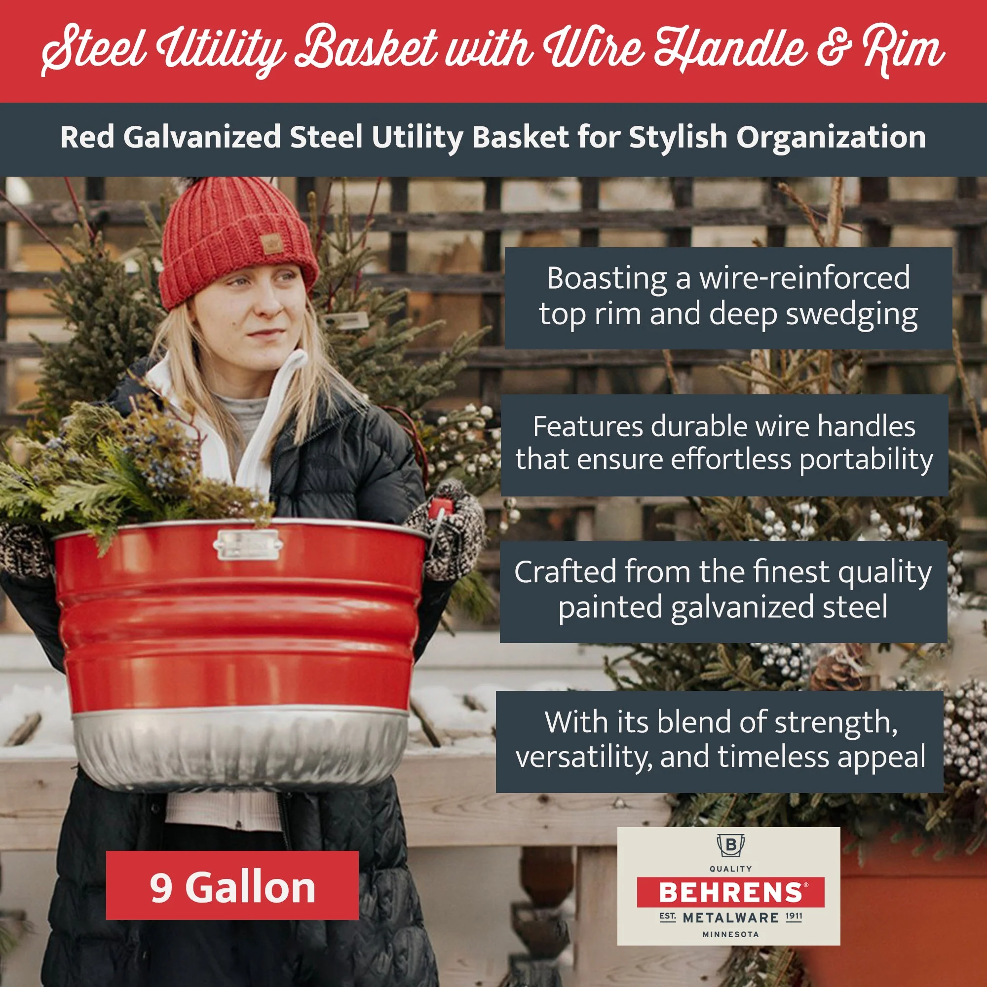 Behrens 9 Gal Galvanized Steel Utility Basket with Wire Handle & Rim, Red Bushel - Image 2