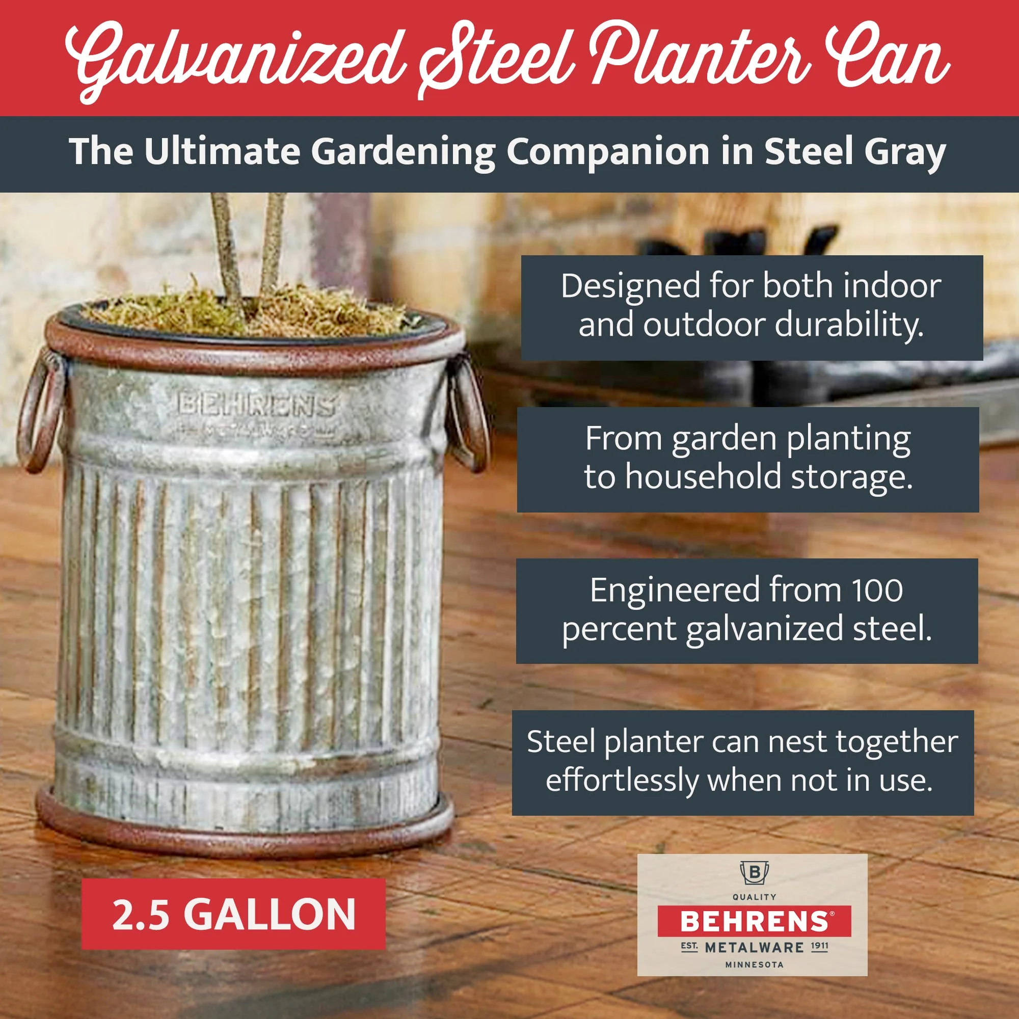 Behrens Versatile Durable 2.5 Gallon Galvanized Steel Planter Can, Steel Gray - Image 3