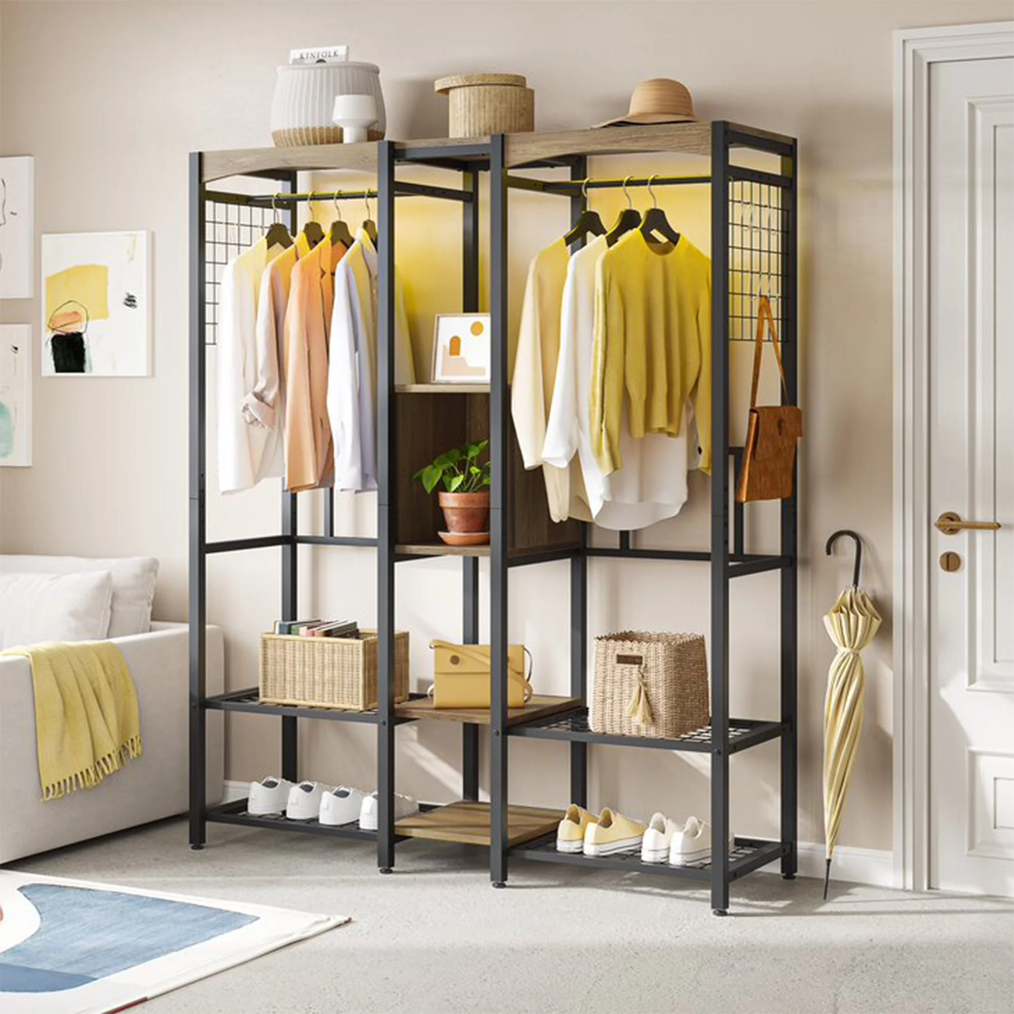 Bestier Metal Freestand Wardrobe w/Wood Shelves & Color Changing Lights, Oak - Image 4