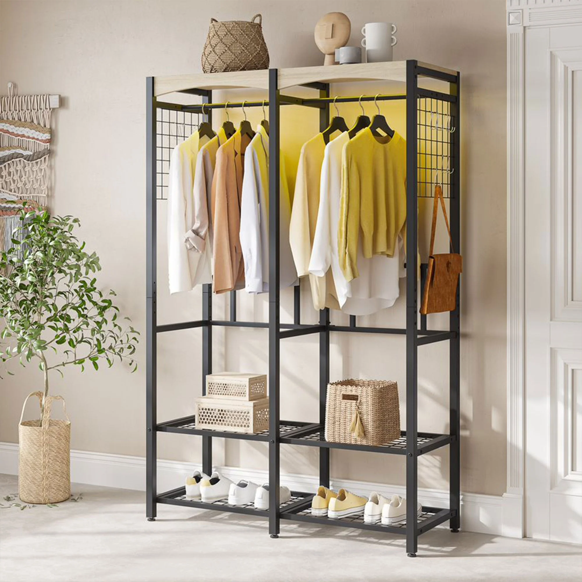 Bestier Metal Freestanding Wardrobe w/ Wood Shelf & Color Changing Lights, Black - Image 4