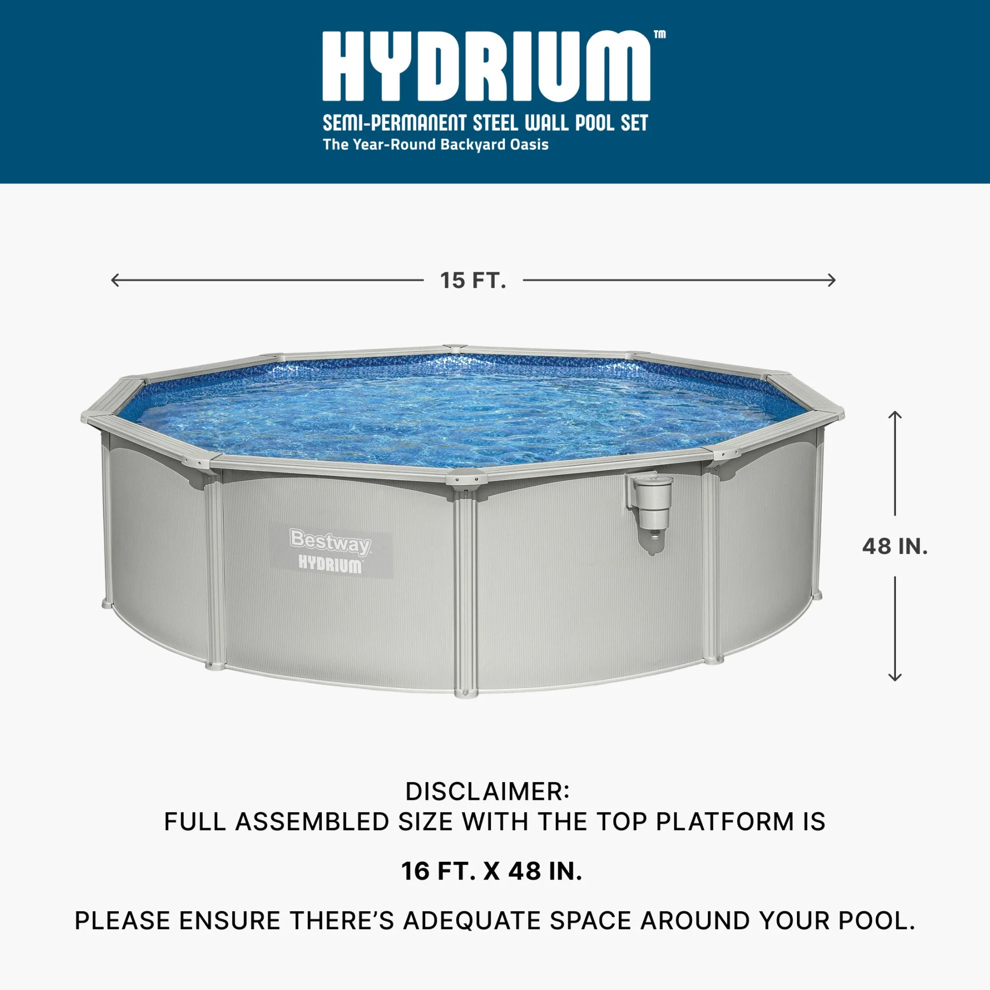 Bestway Hydrium 15' x 48" Round Steel Wall Above Ground Swimming Pool Set, Gray - Image 3