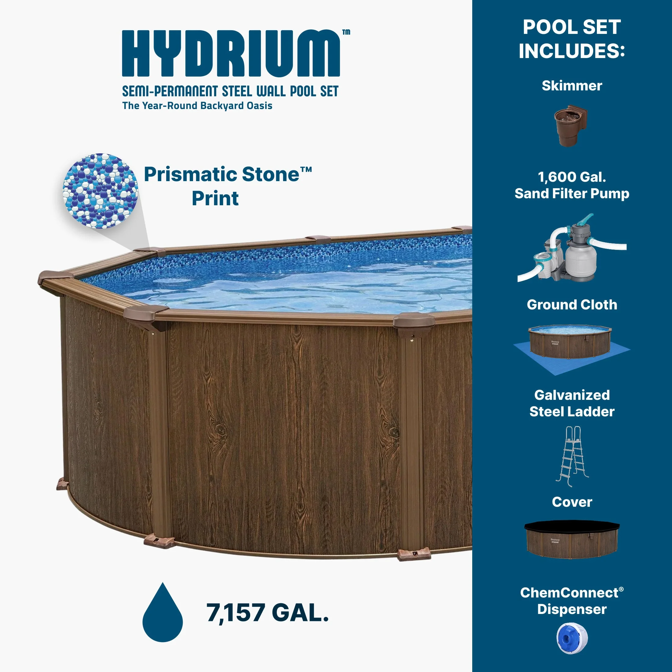Bestway Hydrium 24'x12'x52" Oval Above Ground Swimming Pool Set, Brown Woodgrain - Image 4