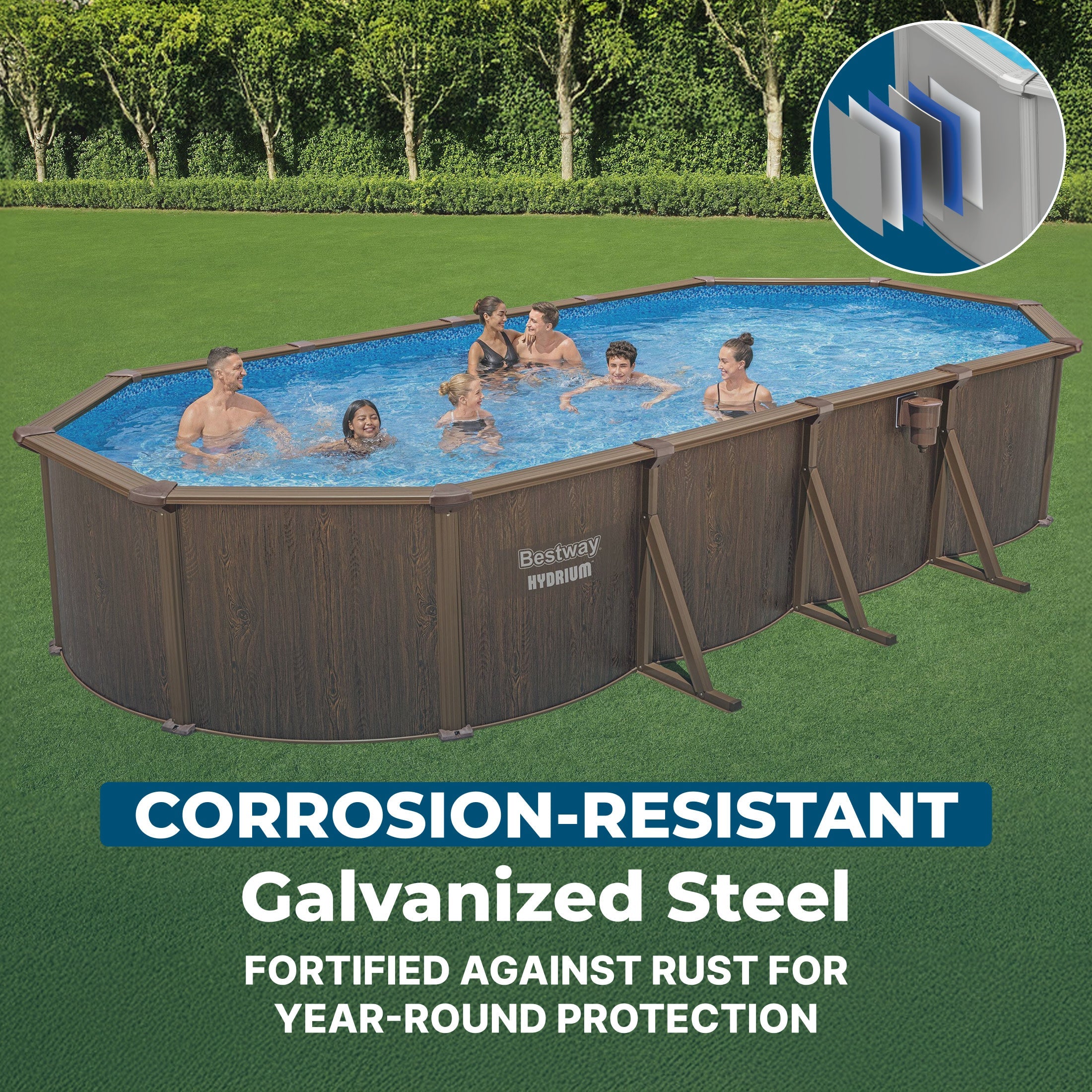 Bestway Hydrium 24'x12'x52" Oval Above Ground Swimming Pool Set, Brown Woodgrain - Image 6