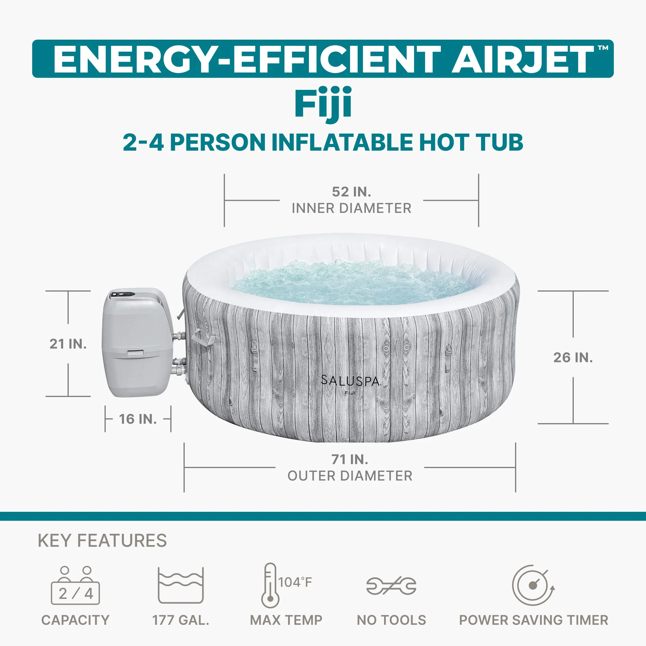Bestway SaluSpa Fiji AirJet Inflatable Hot Tub with EnergySense Cover, Grey - Image 2
