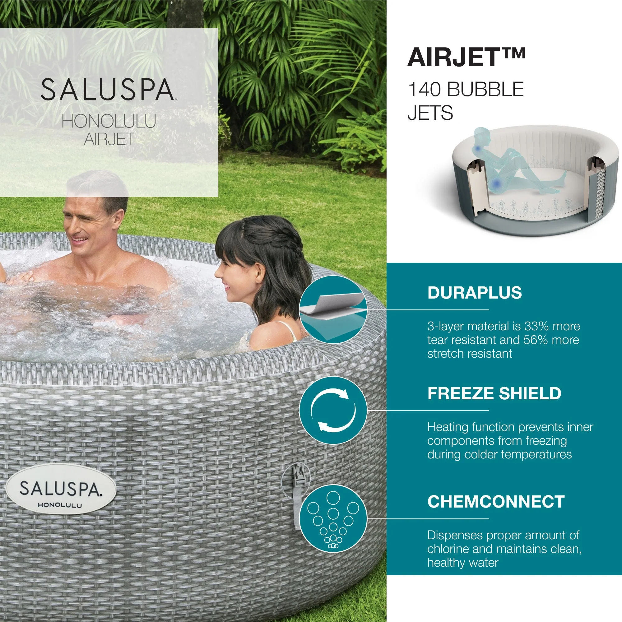 Bestway SaluSpa Honolulu AirJet Hot Tub w/6 Non Slip Pool/Spa Seat & 6 Pillows - Image 6