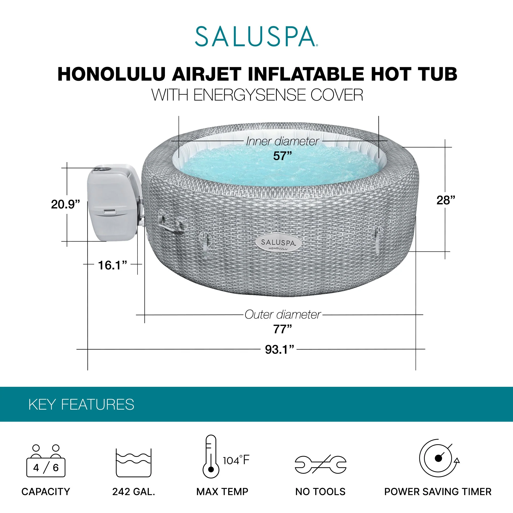 Bestway SaluSpa Honolulu AirJet Inflatable Hot Tub with EnergySense Cover, Grey - Image 2