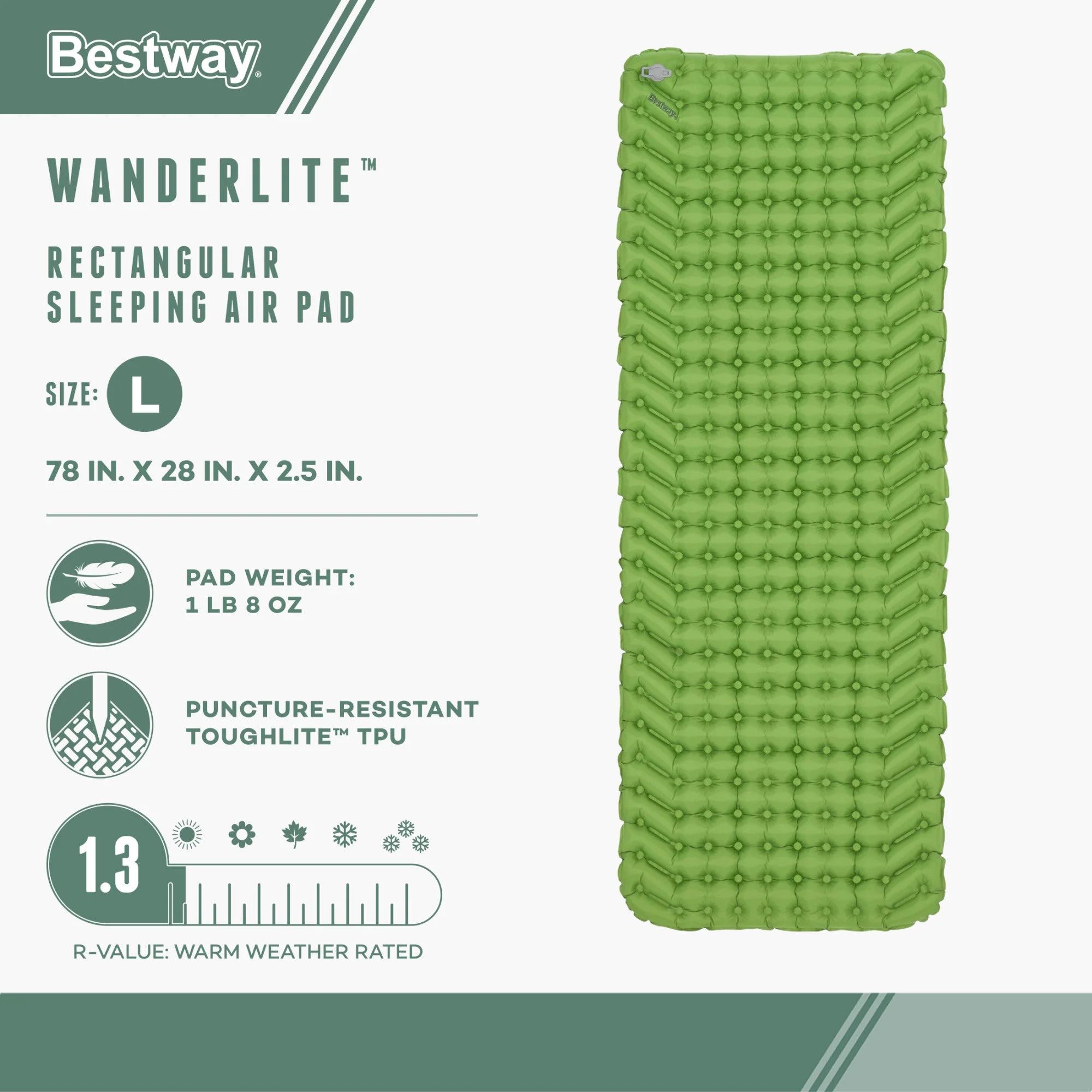 Bestway WanderLite Large Rectangular Sleeping Air Pad with Storage Bag, Green - Image 2