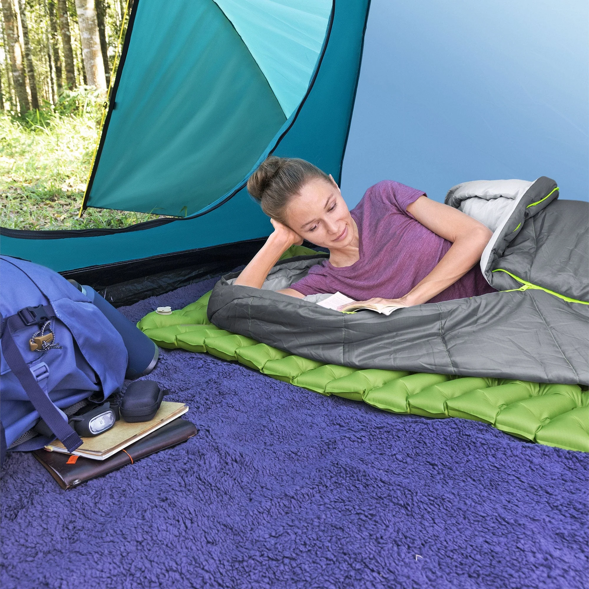 Bestway WanderLite Large Rectangular Sleeping Air Pad with Storage Bag, Green - Image 4