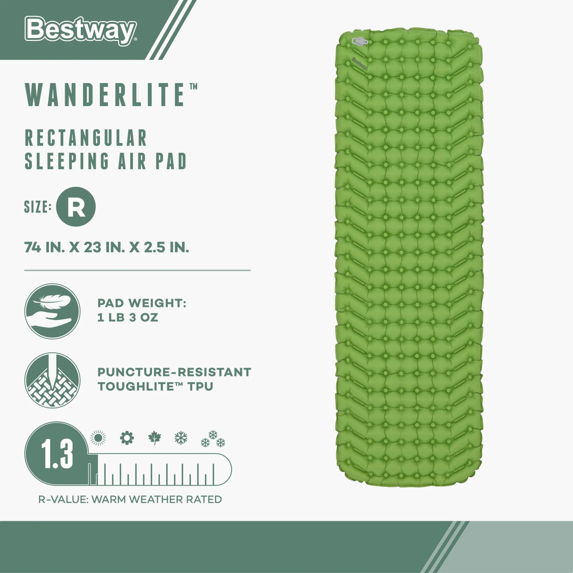 Bestway WanderLite Regular Rectangular Sleeping Air Pad with Storage Bag, Green - Image 2