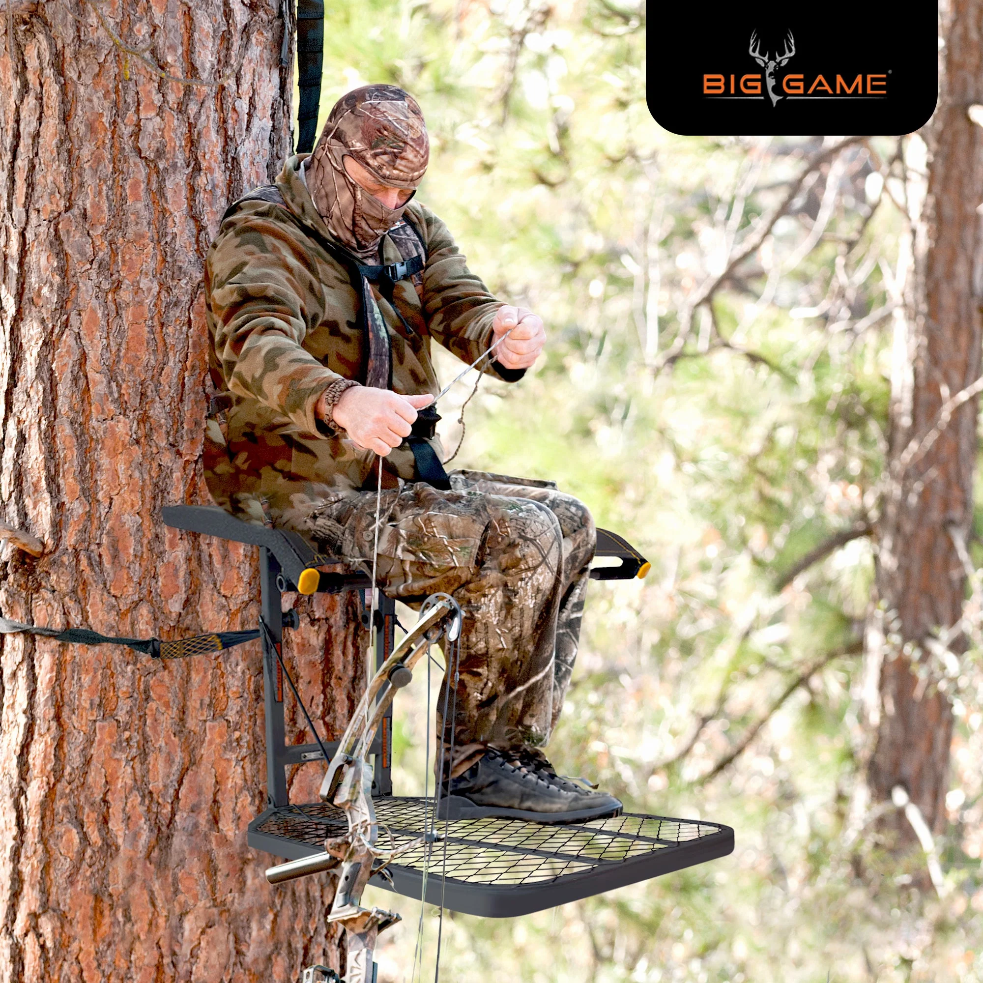 Big Game Captain Steel Hang-On Treestand with 14" x 12" Flip-Back Seat, Black - Image 4