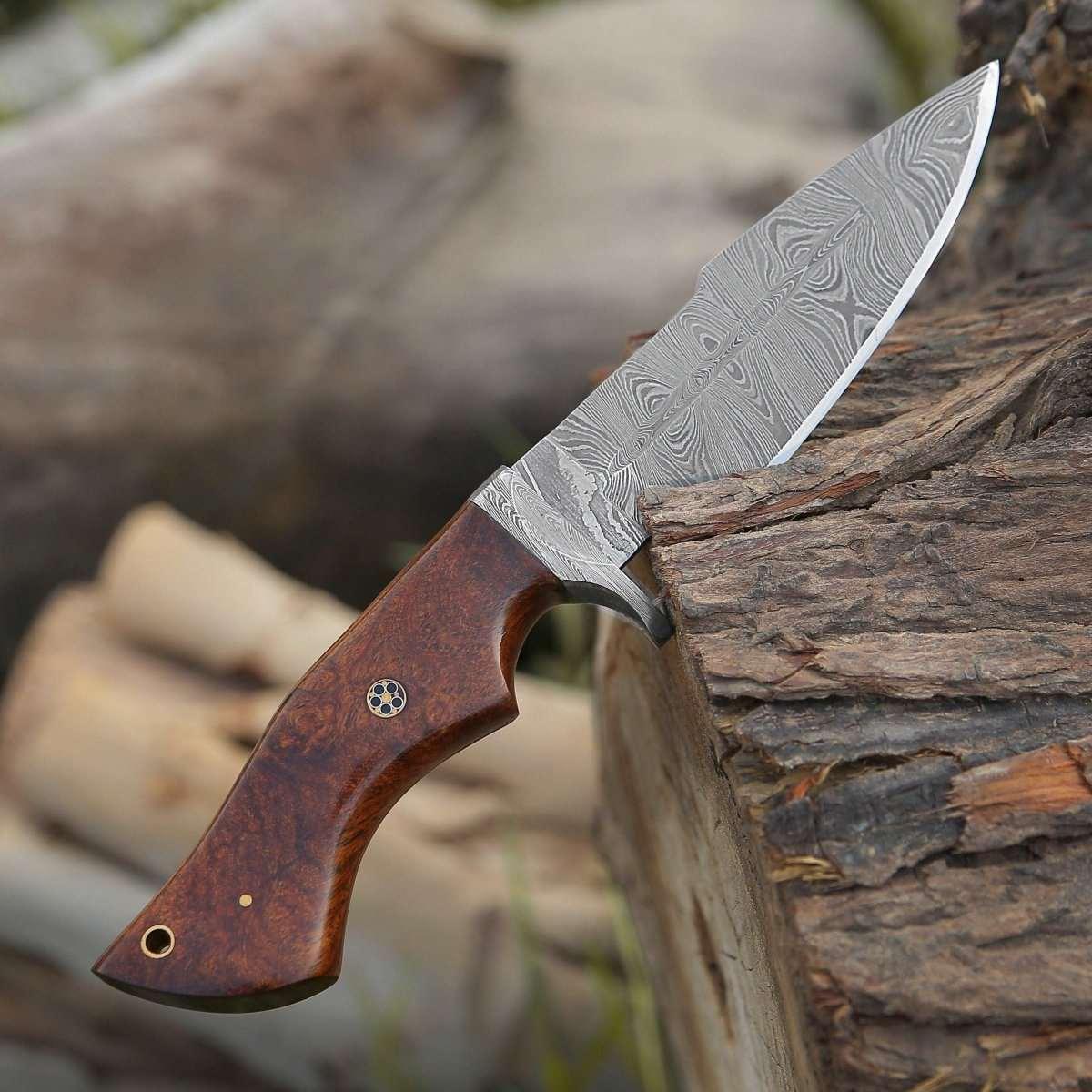 Bolt Damascus Custom Hunting Knife with Exotic Rose Wood Handle - Image 2