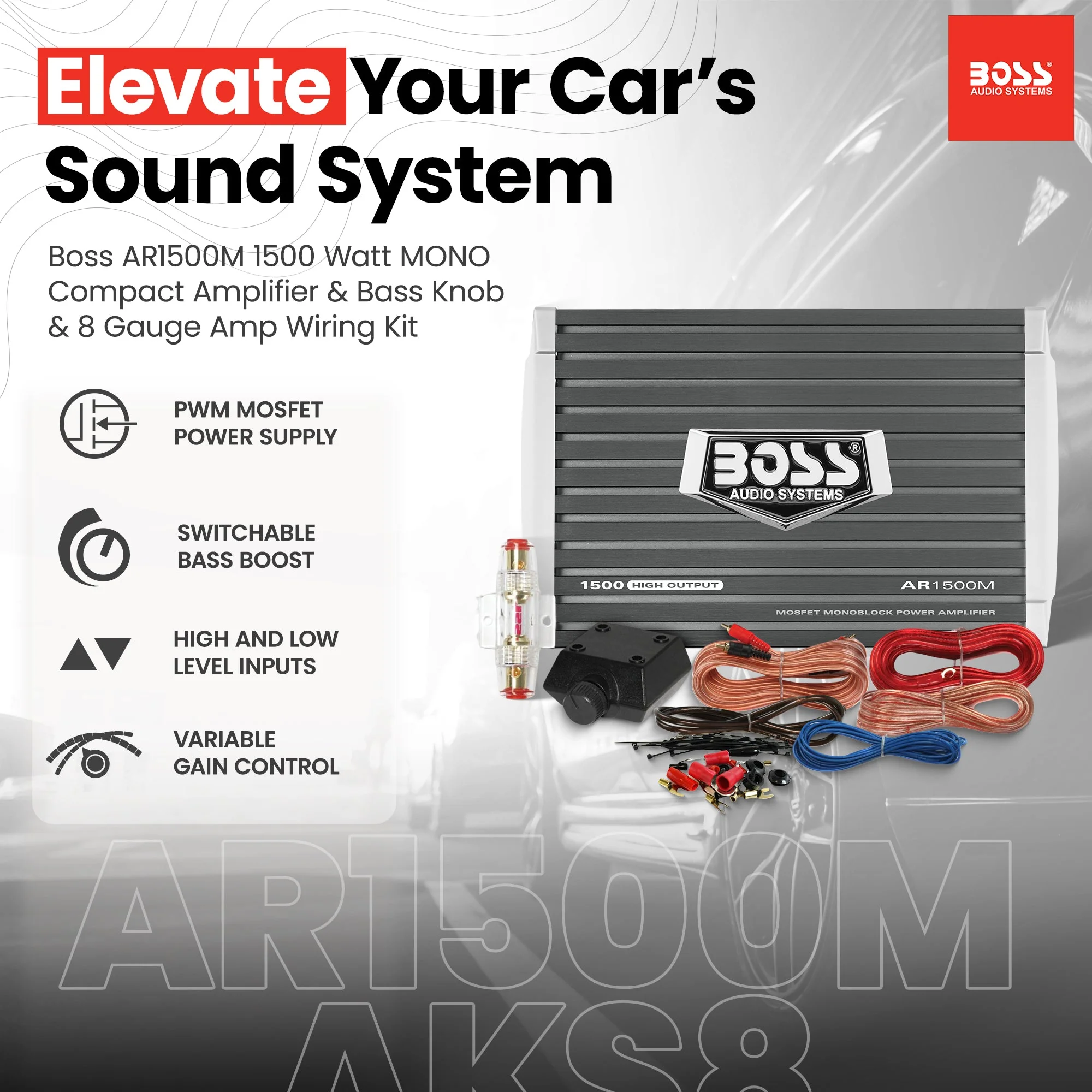 Boss AR1500M 1500 Watt MONO Compact Amplifier and Bass Knob and Amp Wiring Kit - Image 2